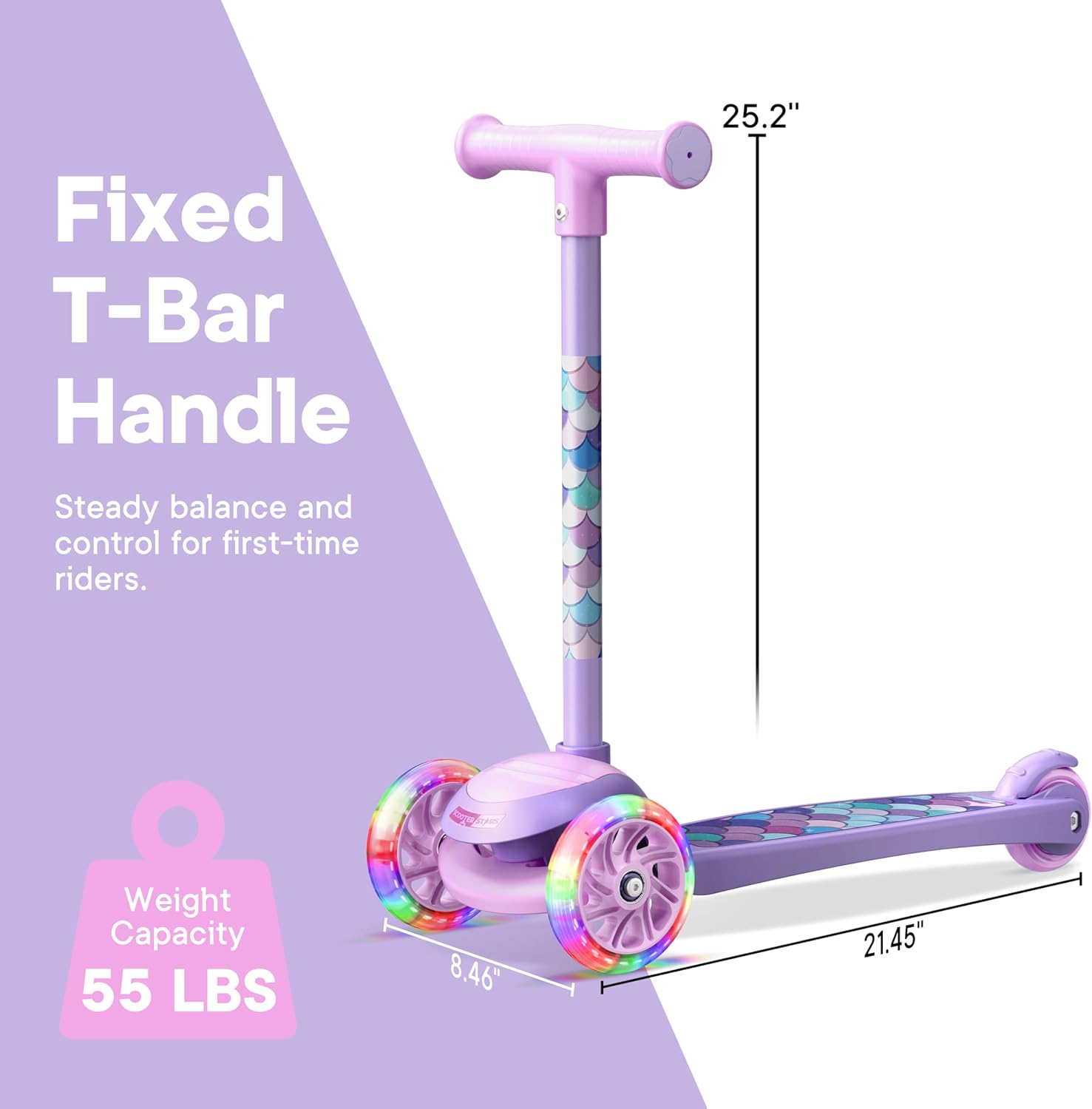 3 wheel scooter for kids, smooth light up led front wheels, wide anti slip deck, rear foot brake, easy lean to steer maneuvering, indoor & outdoor ride on toys for ages 2 up, mermaid theme