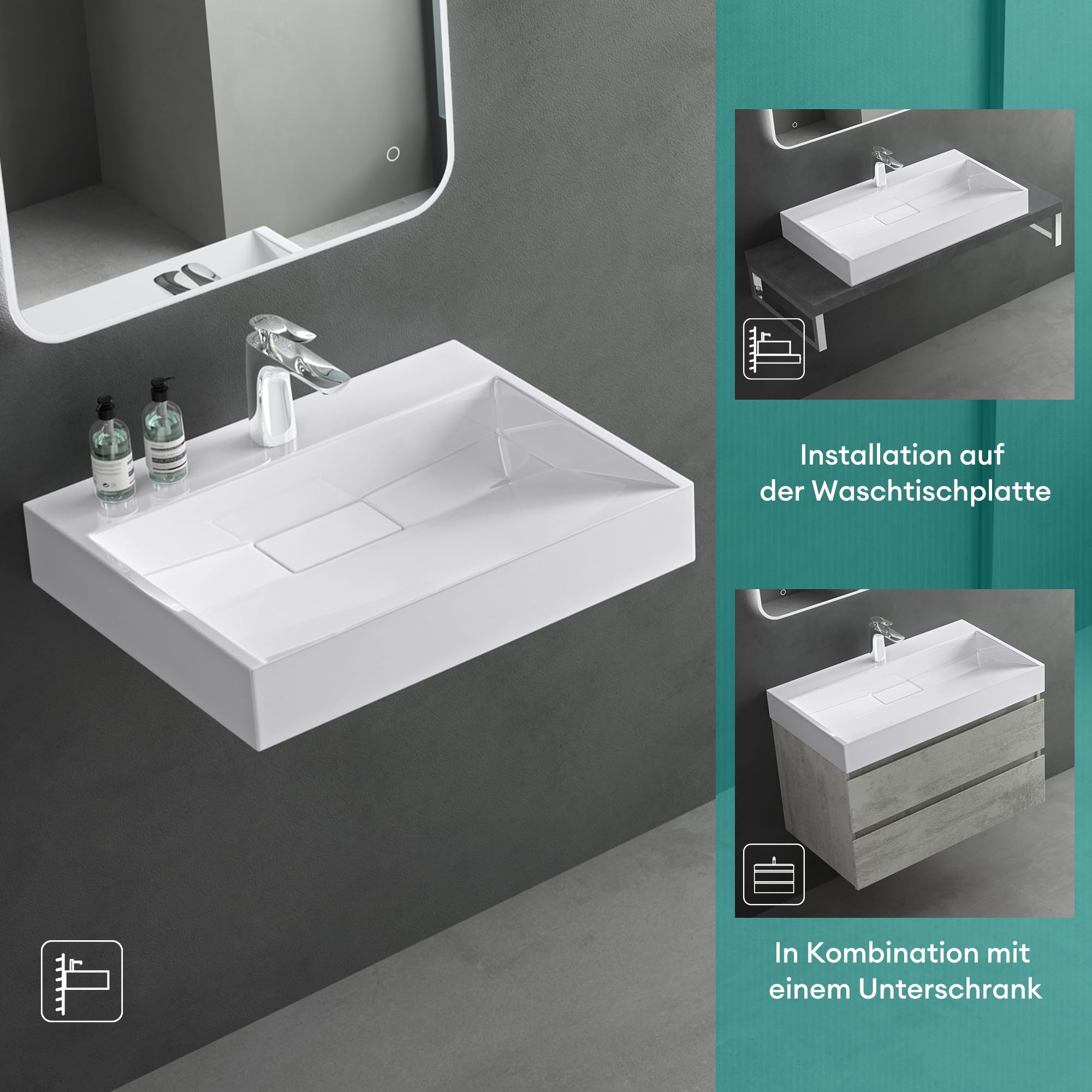 Mai & Mai Waschbecken Weiß Aufsatzwaschbecken Hängewaschbecken Hängewaschtisch inkl. Ablaufgarnitur Mineralguss Rechteckig Waschplatz 1 Armaturenloch Breite: 60cm