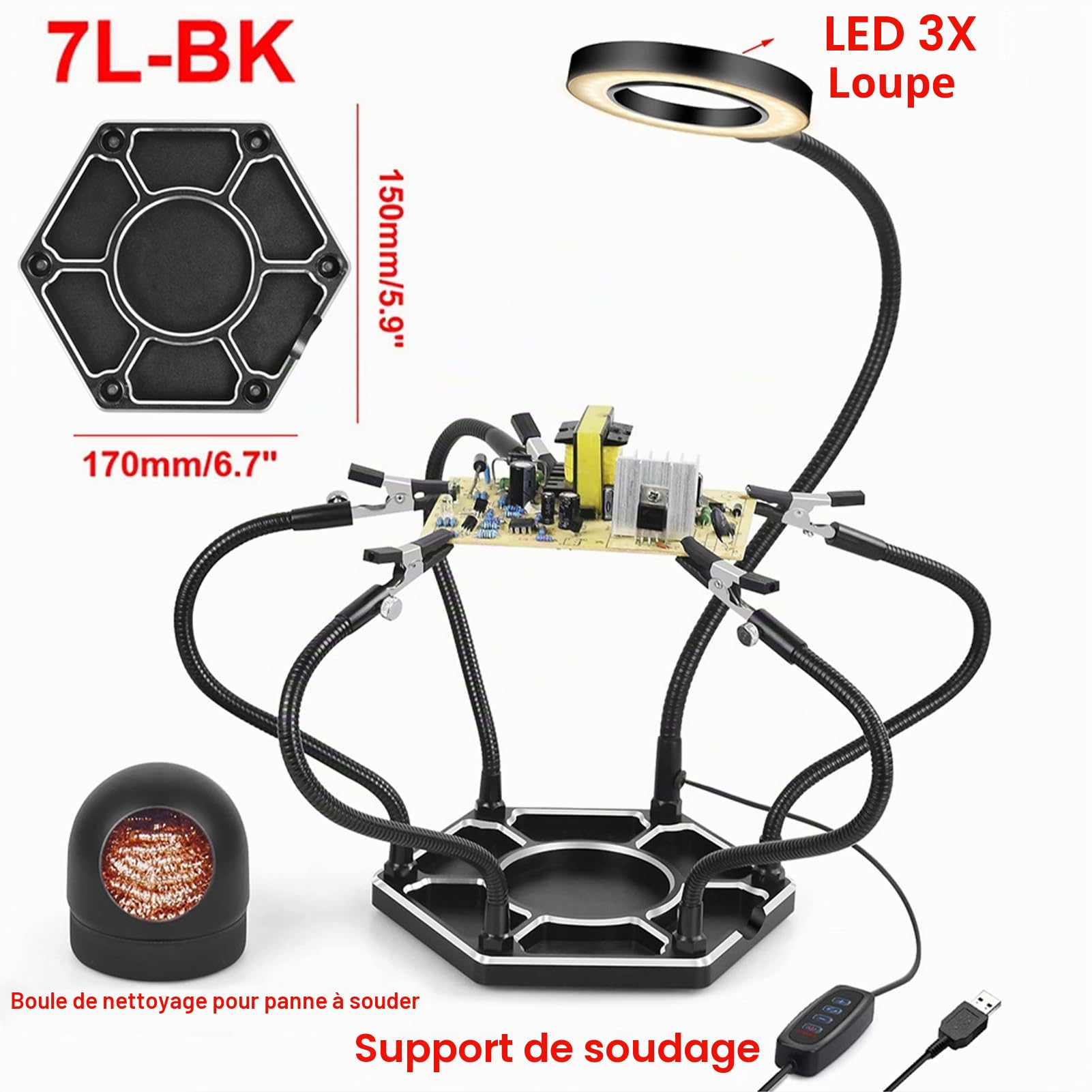 Geevorks Troisième Main Soudure, Troisième 3eme Main avec 6 Bras Flexibles Réglables, Loupe 3X LED pour Réparation Électronique, Modélisme et Loisirs Créatifs