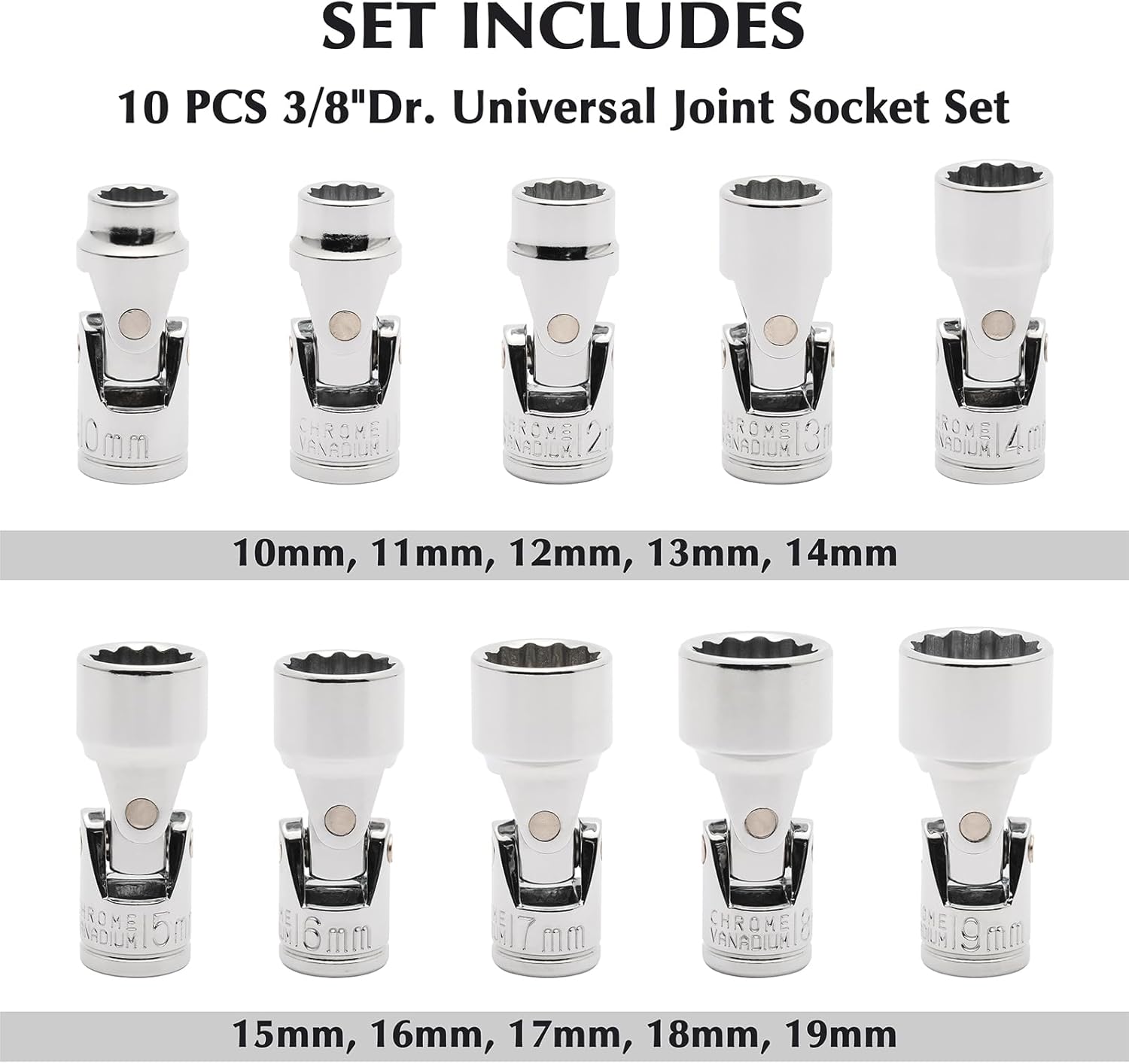 EMENTOL 10PCS 3/8" Drive Universal Joint Socket Set, 12 Point, Metric Universal Flex Socket Set, CR-V, Swivel Head, 10mm - 19mm