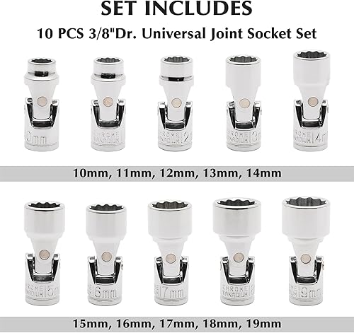 Vista 2 de EMENTOL 10 piezas 3/8" Unidad Universal Conjunto de zócalos de junta universal de 12 puntos, Conjunto de zócalos flexibles universales métricos