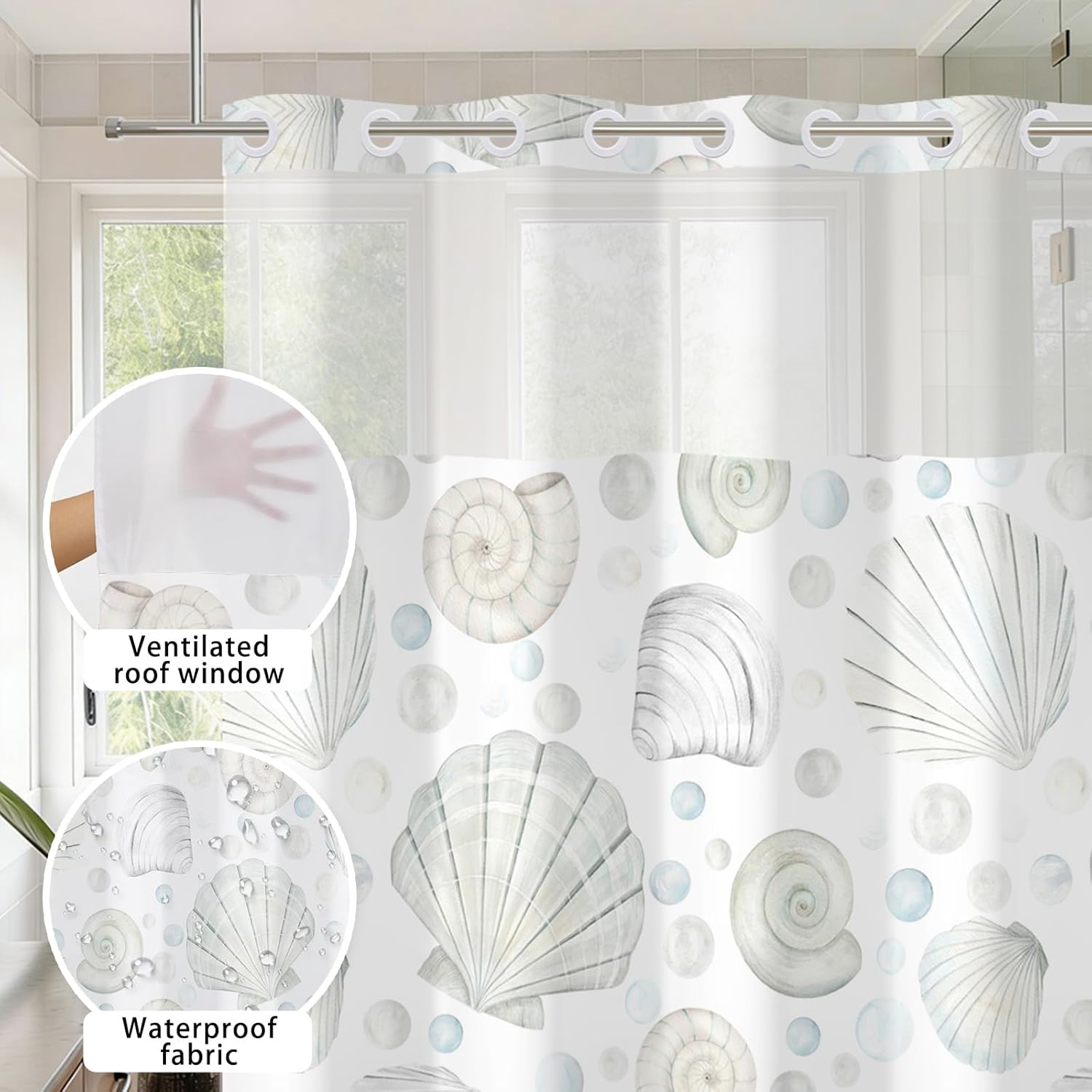 No Hook Ocean Shower Curtain with Snap in Liner - 71W x 74H Waterproof Bath Curtain Soft White Seashells Decor for Modern and Nautical Bathroom with Mesh Top