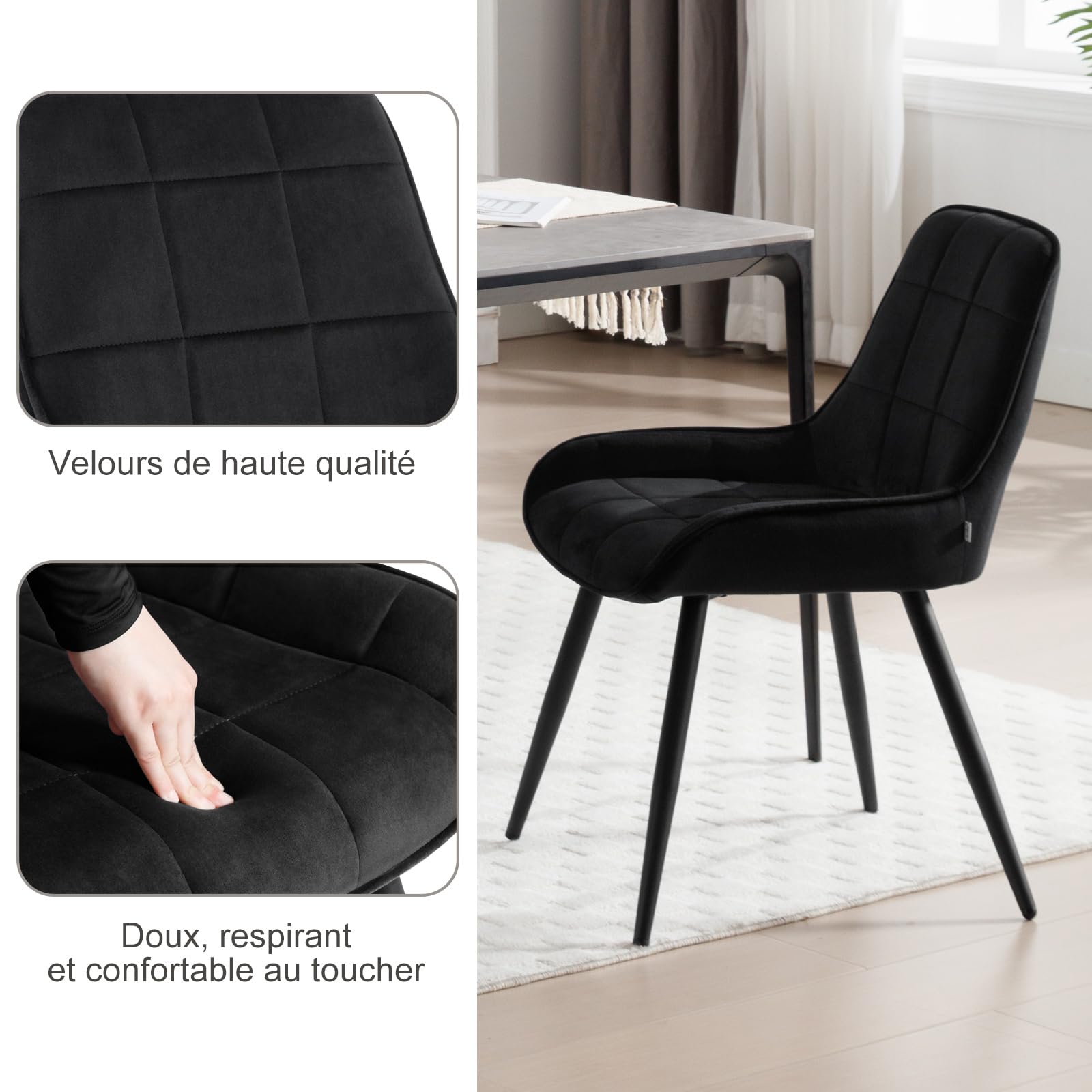 WOLTU Lot de 6 Chaises de Salle à Manger, Chaises Relaxantes en Velours, pour Salon, Salle de séjour, Cuisine, Chambre à Coucher,Noir, BH331sz-6