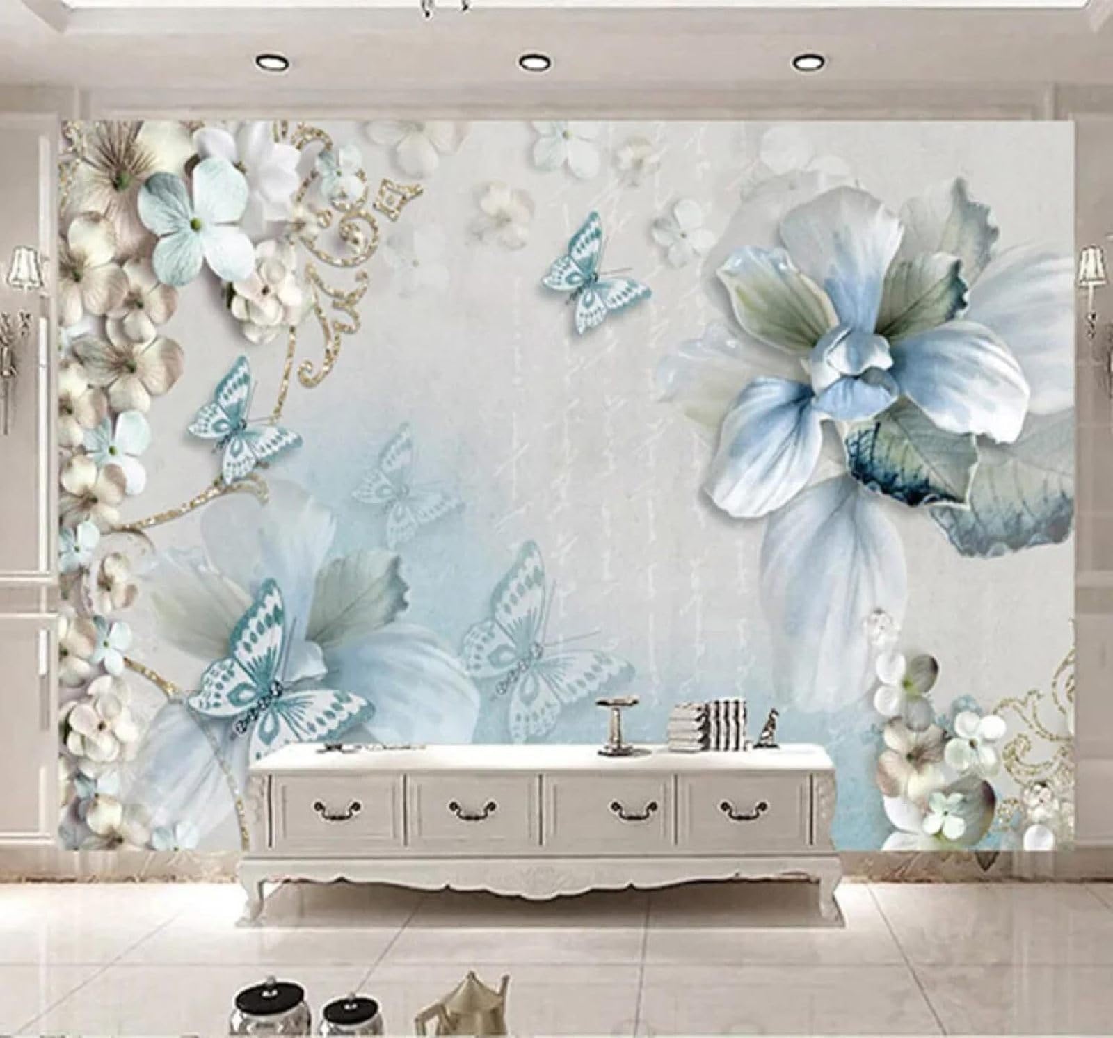 XLMING Vintage Beautiful Butterflies Flowers Jewellery 3D Wallpaper Luxury Silk Study Dining Feature Sofa Grey Bedroom Living Room Tv Decorative Wall-250cm×170cm