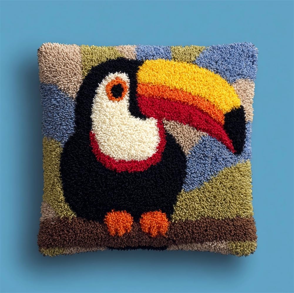 kitphoenix DIY Latch Hook Kits,Toucan Animal 17X17Inch Needlepoint Pillow Kit, Half Cross Stitch Kit, Embroidery Kit, Latch Hook Cushion Cover Hobby & Crafts