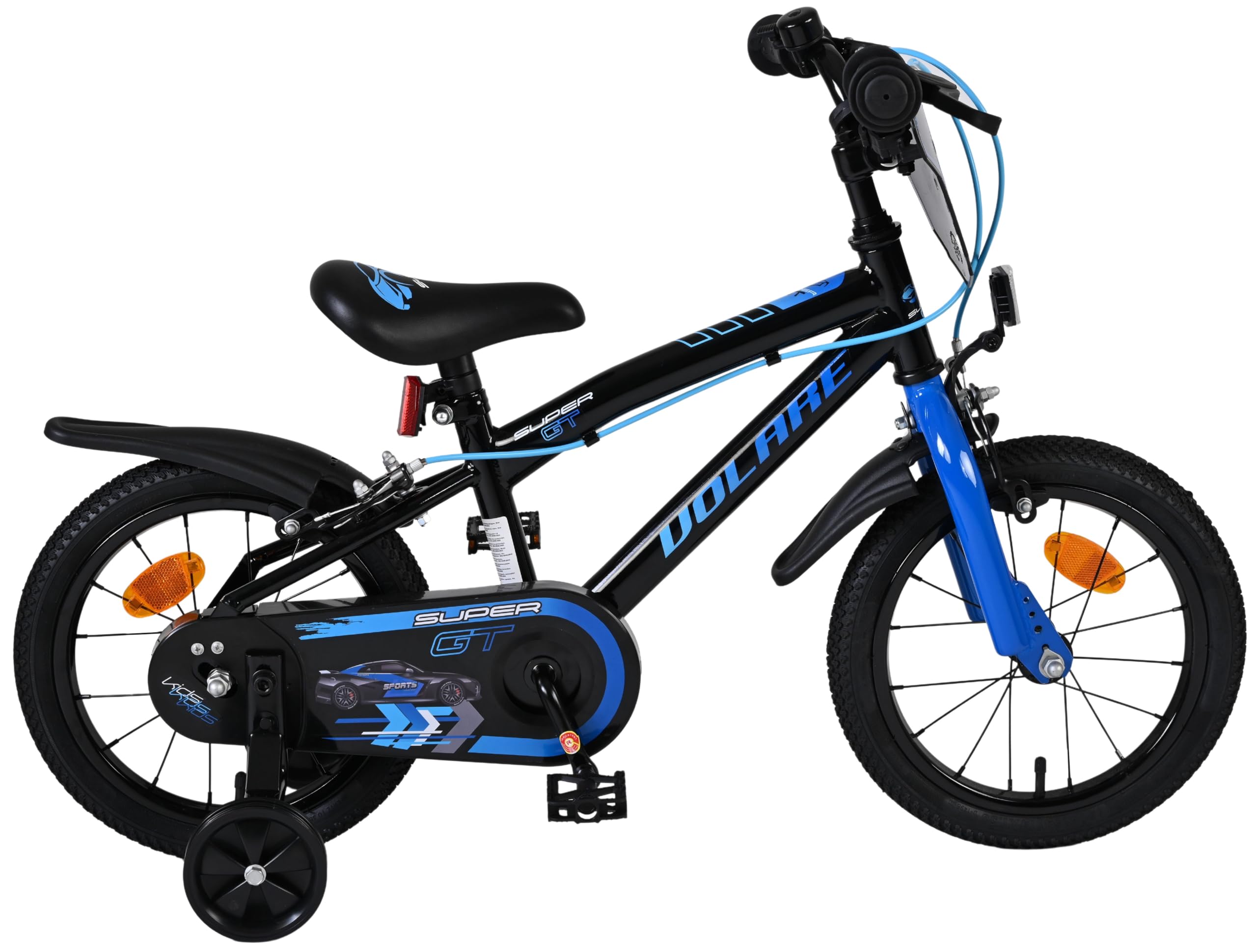 Volare Super GT Kinderfahrrad blau 14 Zoll | 3,5–5 Jahre | 2 Handbremsen, Stützräder, Kettenschutz, Reflektoren | Verstellbarer Sattel | Geschenk für Jungen & Mädchen