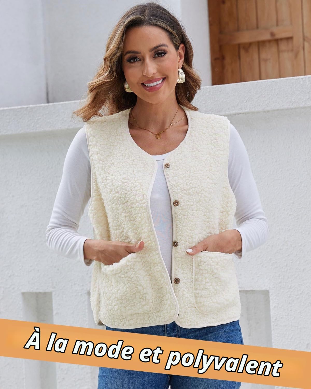 1 gilet en polaire pour femme, gilet sans manches léger et chaud pour l'automne/hiver, veste en fourrure légère pour femme, couleur unie, col en V, avec poches, blanc cassé, taille L