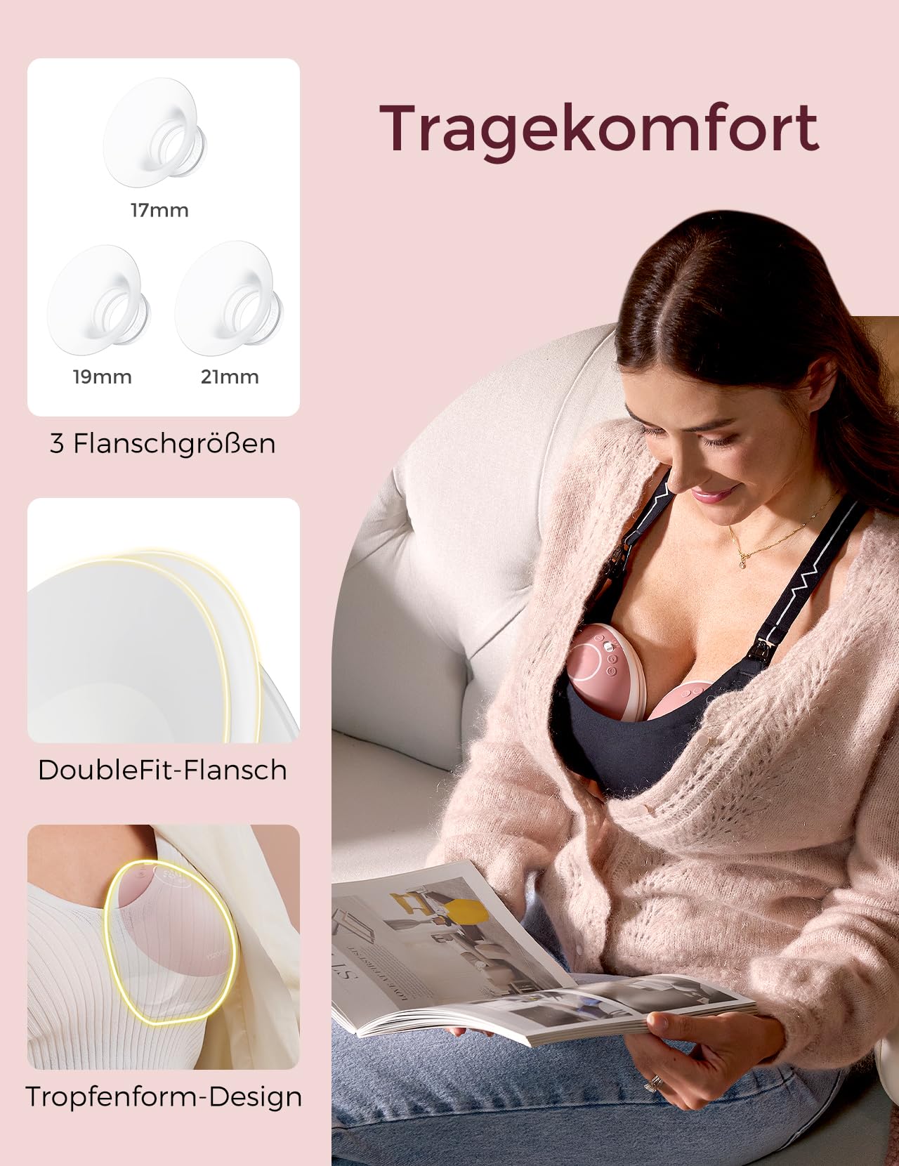 Momcozy Freihändige Milchpumpe Mobile Flow M9 Upgrade Elektrisch App-Steuerung Personalisierte Multi-Modi 15 Stufen Tragbar 24 mm Rot 2 Stück