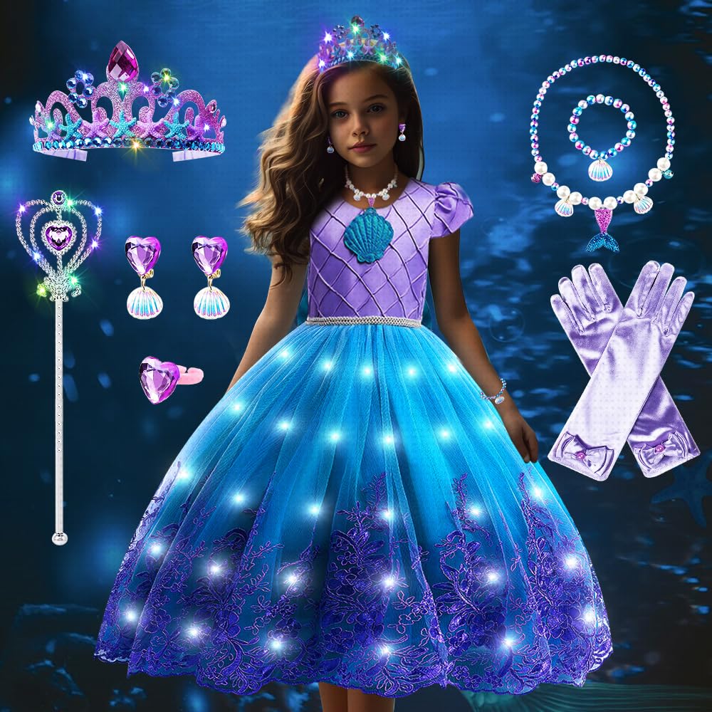 COYBTO Mermaid Costume Kids, Light up Dress for Girls, Glowing Mermaid Princess Fancy Dress with LED Princess Crown Magical Stick Set for Birthday Party Carnival Halloween Cosplay