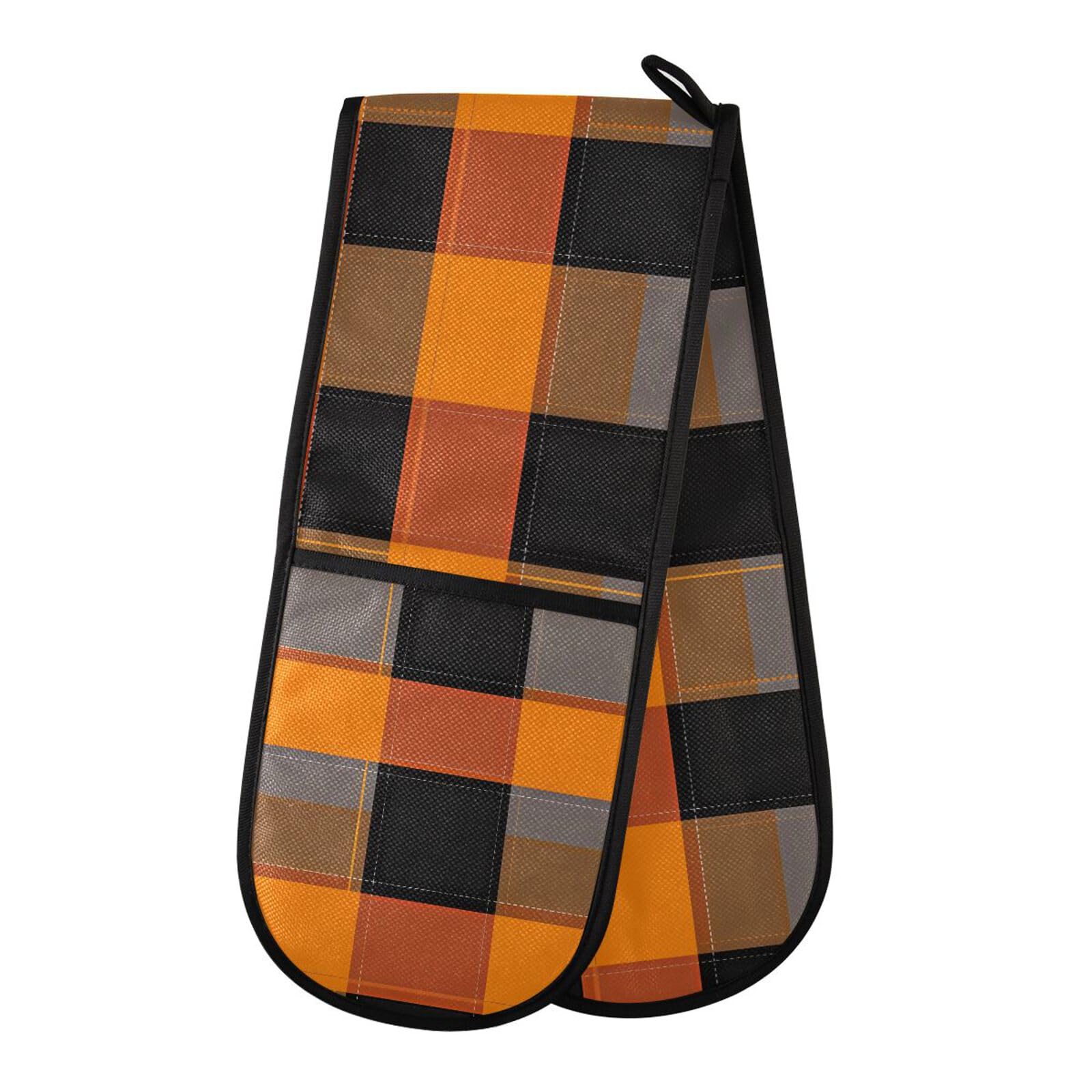 Oven Gloves Double Oven Gloves Orange Black Grey Plaid Oven Mitts Pot Holder Heat Resistant Quilted for BBQ Baking Kitchen Cooking Gloves