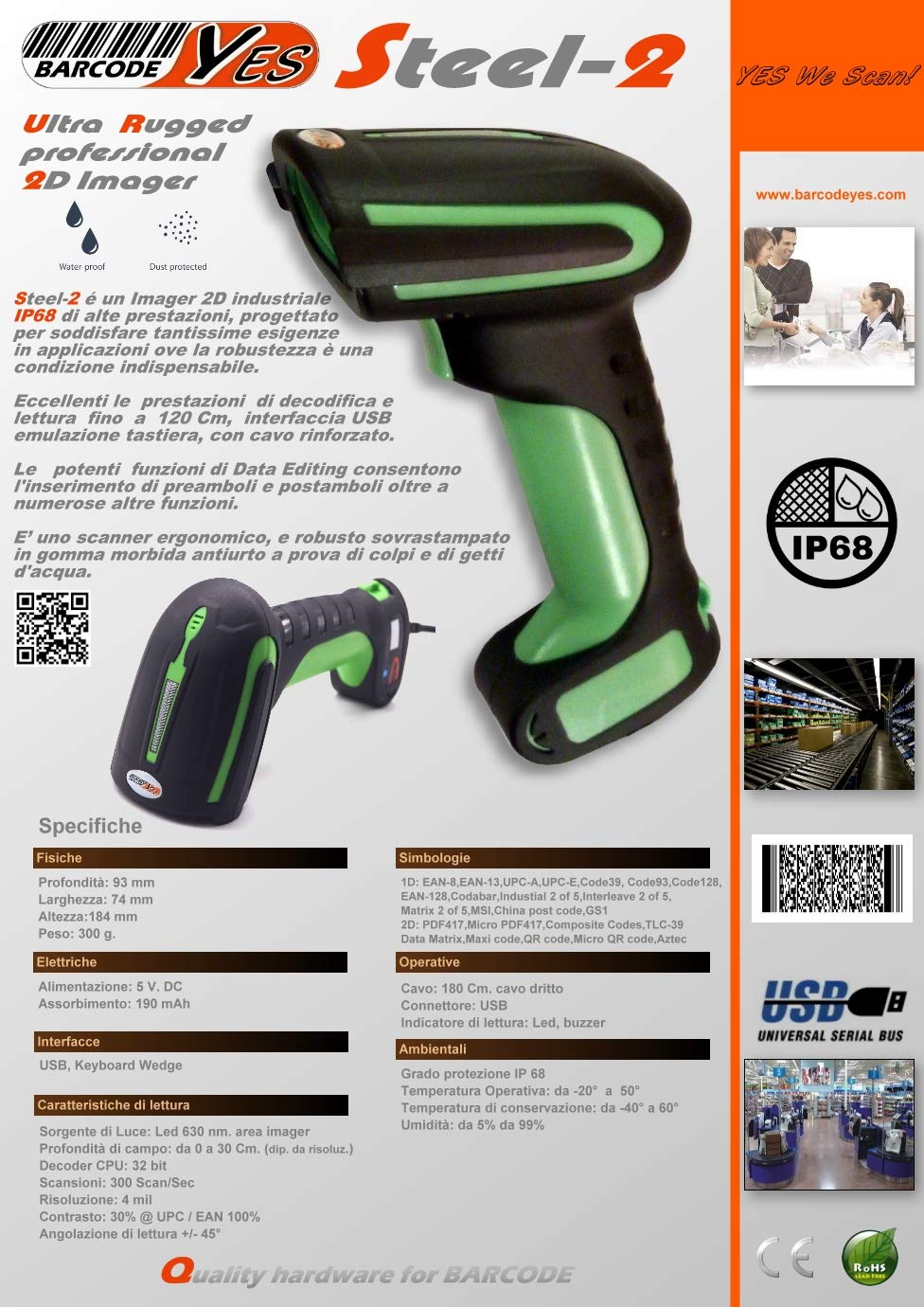 Lettore di Codici a Barre 2D/1D Professionale Rugged IP68 USB per QRcode Fattura Elettronica