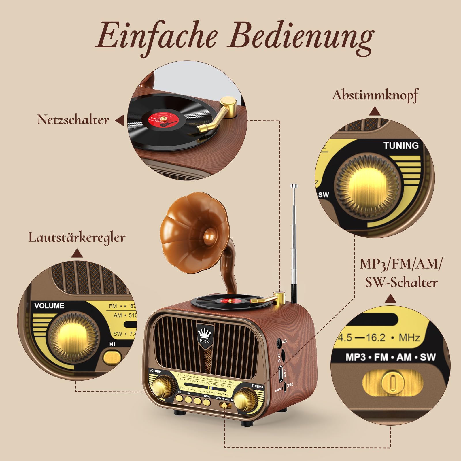 PRUNUS J-190 Retro Radio Klein AM/FM/SW, Nostalgie Radio mit Akku 1800mAh, Kofferradio mit Bluetooth 6.0, Unterstützt USB/TF/AUX Funktion, großem 5-W-Lautsprecher für Büro Zuhause.