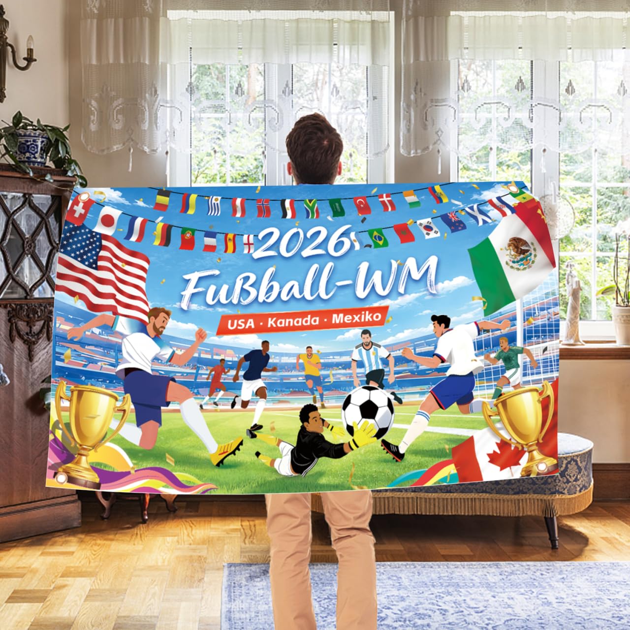AhfuLife Große Fußball Flagge 150x90cm für WM Deko 2026, Fussball Weltmeisterschaft Fahne Beidseitig Bedruckt mit 4 Metallösen für Fußball Party Garten Haus Bar Foto-Hintergrund Dekoration - 4