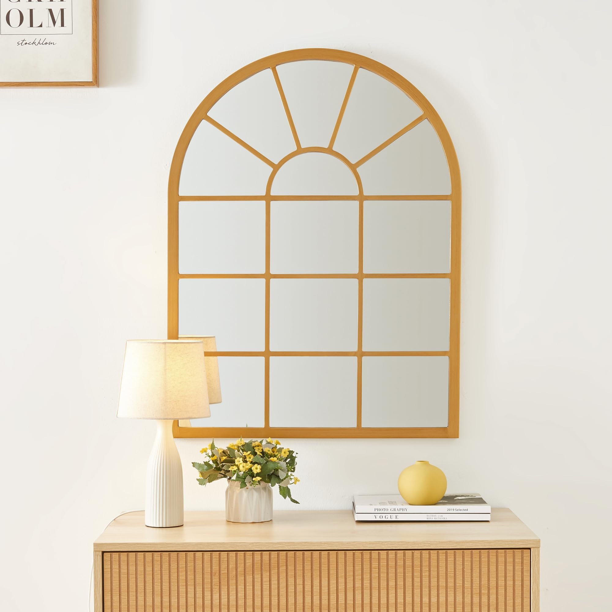[en.casa] Espejo de Pared Espejo Cuadriculado en Forma de Ventana de MDF para Salón Dormitorio Decoración 80 x 60 cm - Dorado