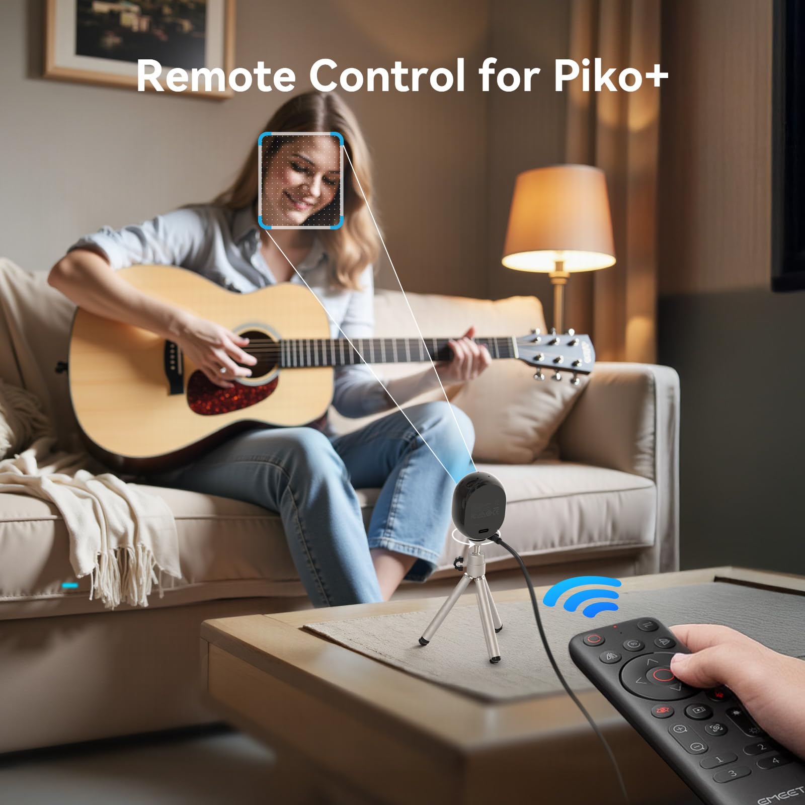 User operating EMEET PIXY webcam with remote control during a streaming session.