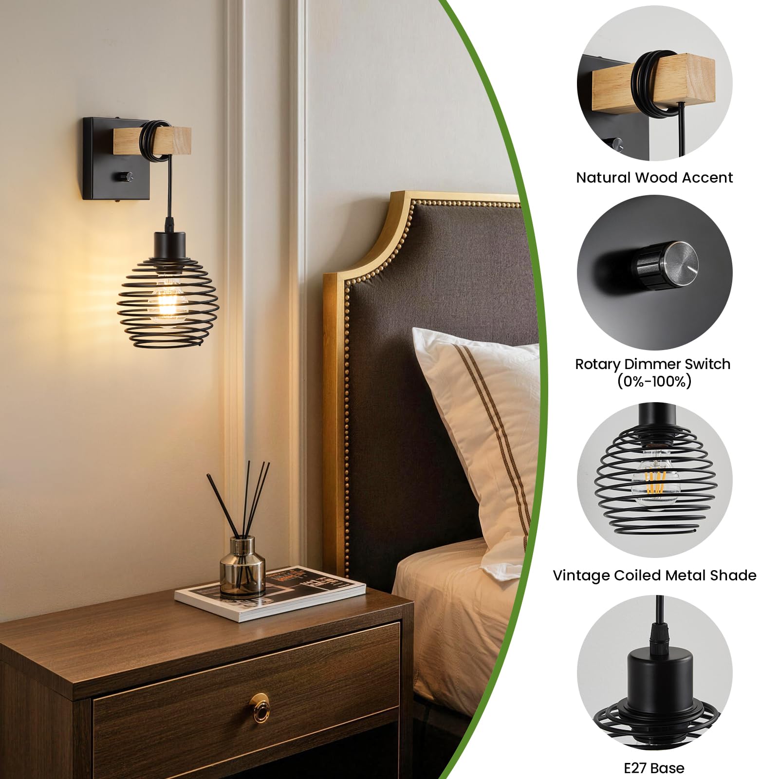 Applique Murale avec Variateur Intégré en Métal Industriel, Abat-jour Superposé E27, Lampe Filaire pour Lecture au Lit, Salon, Chambre et Couloir Interrupteur Rotatif Intégré 2 PCS
