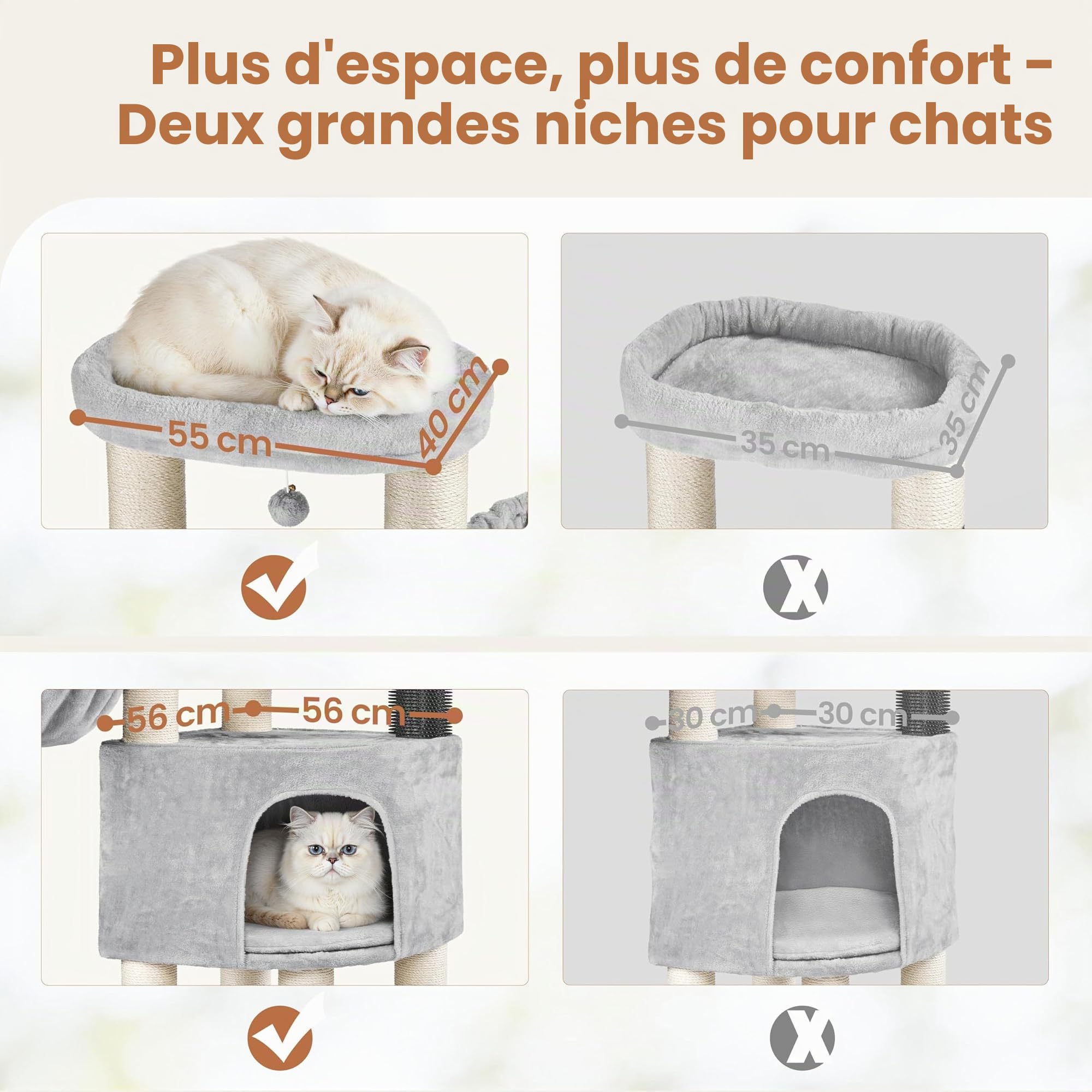 Yaheetech Grand Arbre à Chat avec Griffoirs, Niche, Paniers, Perchoir, Jouets Brosse pour Chat 25 KG, 56×56×160 cm, Poteaux en Sisal 11 cm Ø, Tour de Jeux Solide pour Les Maine Coons Gris Clair/Beige