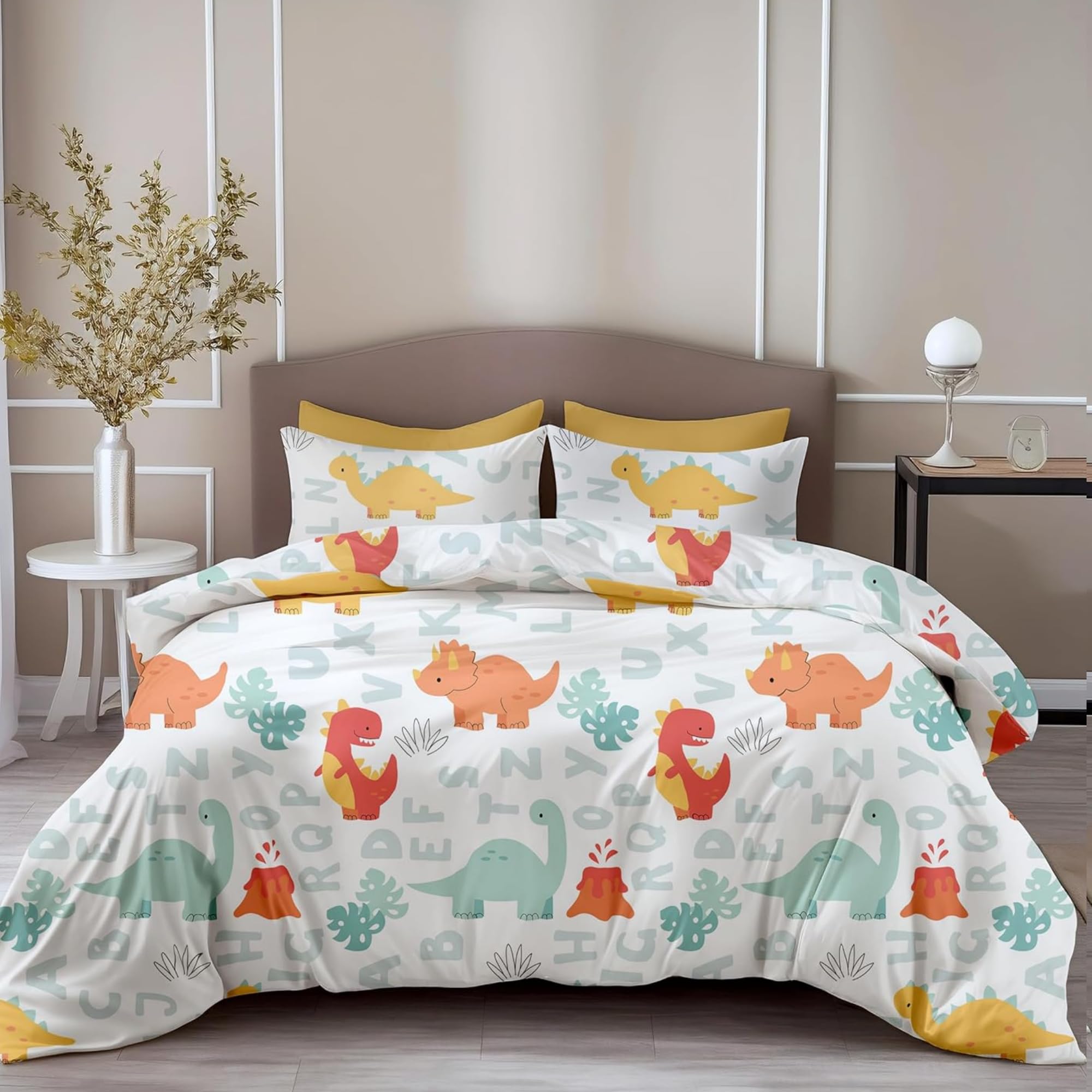 LORETO - A QUALITY LINEN BRAND 100% Pure Cotton Bedsheet for King Size Bed, 144TC Soft & Breathable King Size Bed Sheet Cotton with 2 Pillow Covers (Orange & Mint Alphabet Dino Play, 104 x 104 Inches)-image-47