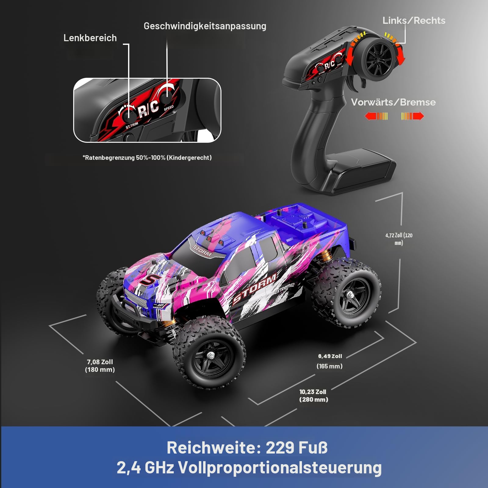 Ferngesteuertes Auto 1:18, RC Auto 4WD 40 km/h Monstertruck | Pinkes ferngesteuertes Auto für Mädchen, 4WD Offroad RC Truck, 2,4 GHz,2 Akkus, ab 8-14 Jahren
