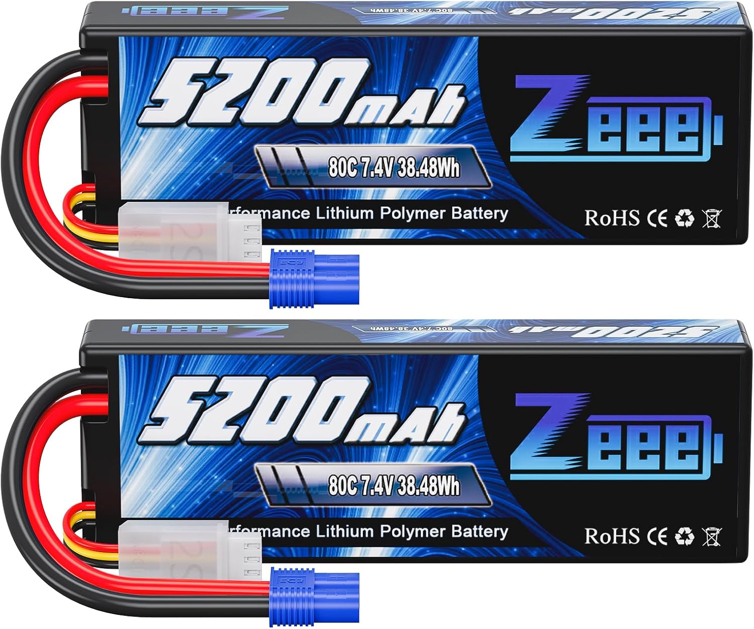 Zeee 7.4V 2S Lipo Battery 5200mAh 80C Hard Case Battery with EC3 Plug for 1/8 1/10 RC Vehicles Car RC Buggy Truggy RC Airplane Drone(2 Pack)