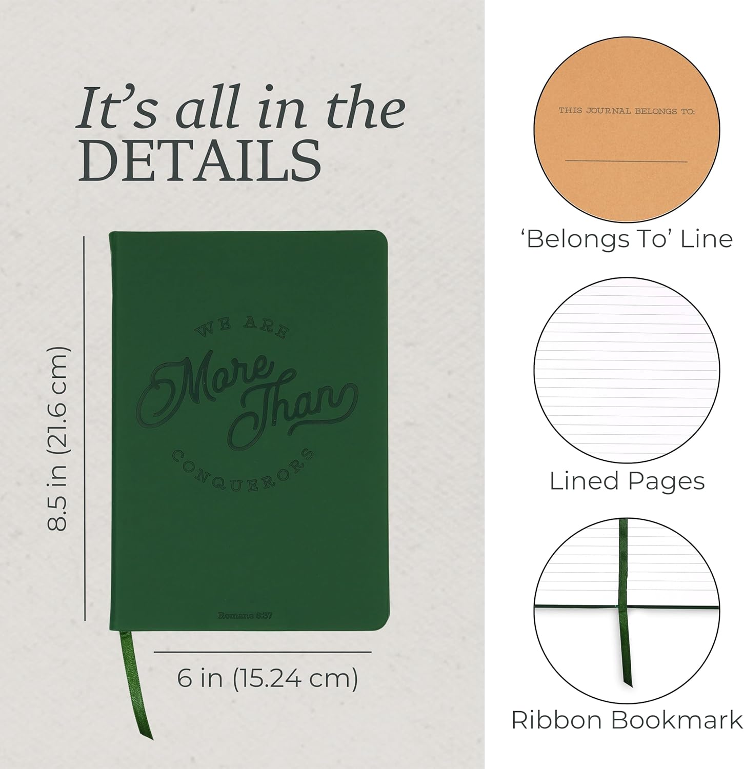 Steel Mill & Co Faux Leather Journal, 8.5” x 6” Scripture Quote Notebook with 160 Lined Pages, Book-Bound, Dark Green Leatherette Writing Journal with Debossed Cover and Ribbon Bookmark for Women & Men (More than Conquerors)