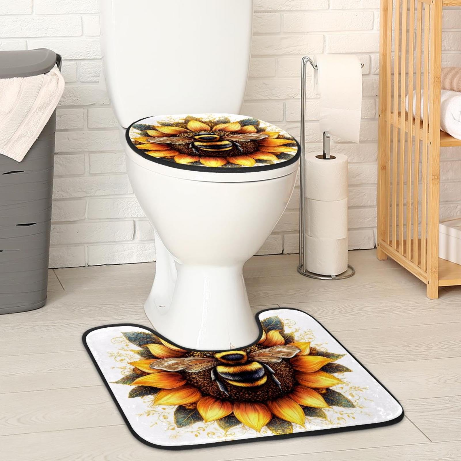 2 Pieces Flannel Toilet Contour Mat and Toilet Lid Cover, Soft Toilet Lid Cover Set Machine Washable Non Slip Contour Mat for Bathroom Decor Accessories