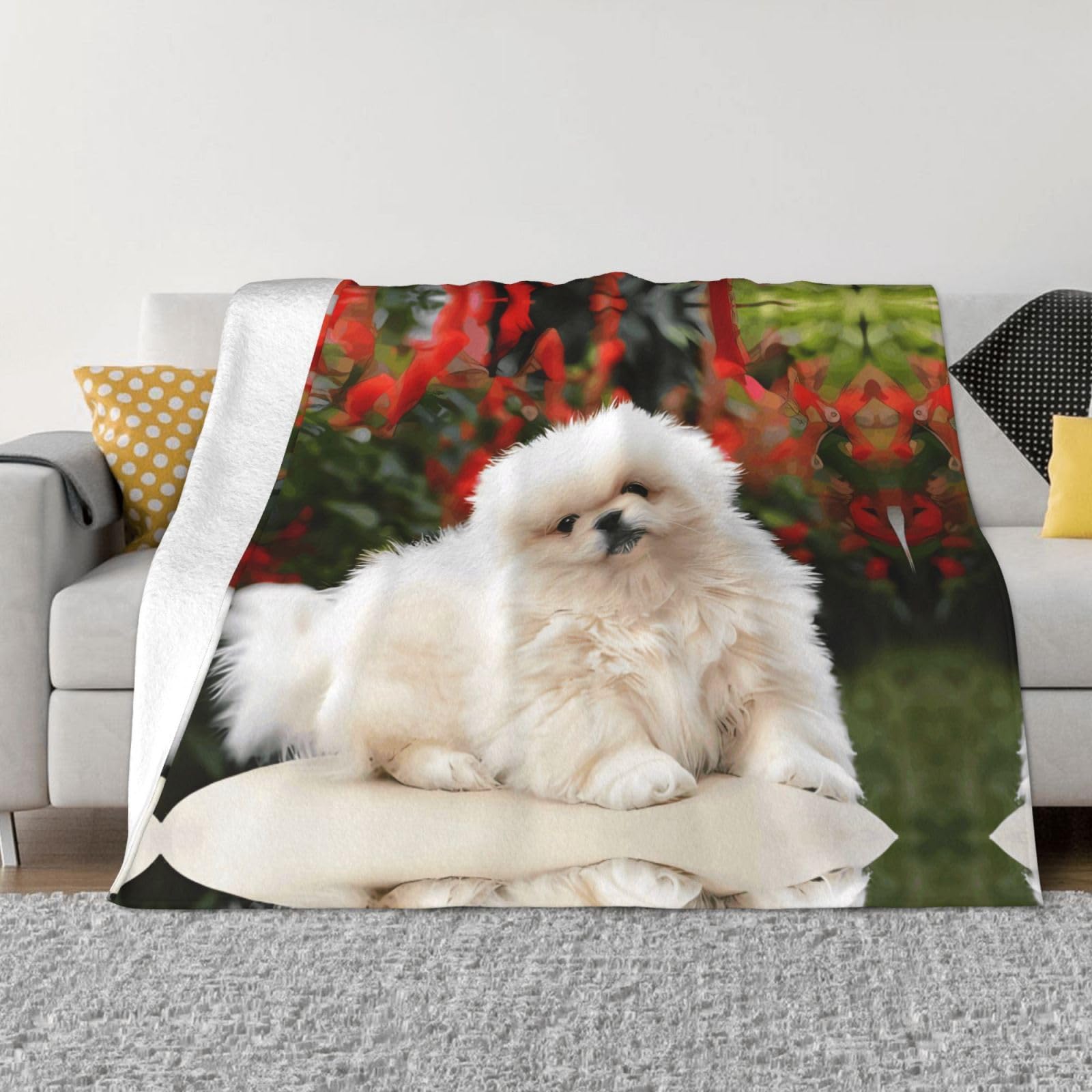 Couverture flanelle motif poméranien 127x101 cm pour lit et canapé