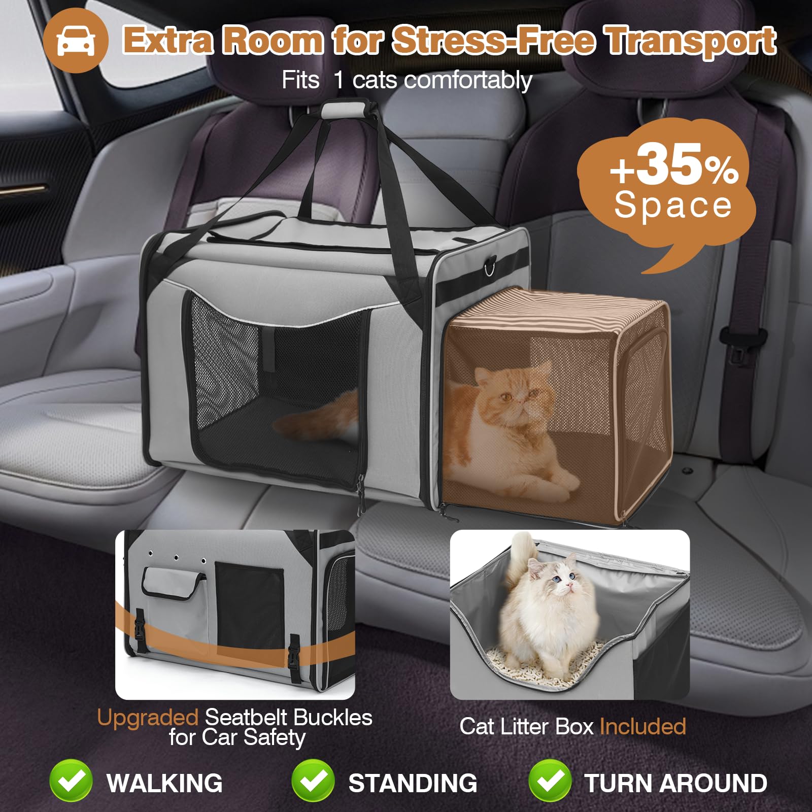 Trasportino per Gatti Pieghevole con Lettiera per Gatti, 60x42x57 cm, Grigio