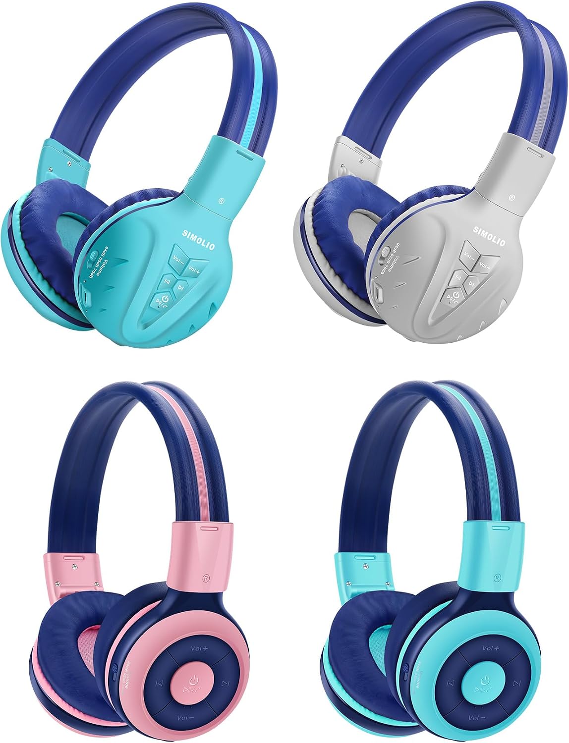 SIMOLIO 4 Pack Kids Headphones, Wireless Bluetooth with 75/85/94dB Volume Limit, Mic & Share Jack, Over-Ear Noise Cancelling Headphones for Girls, Boys, Toddlers, School, Travel