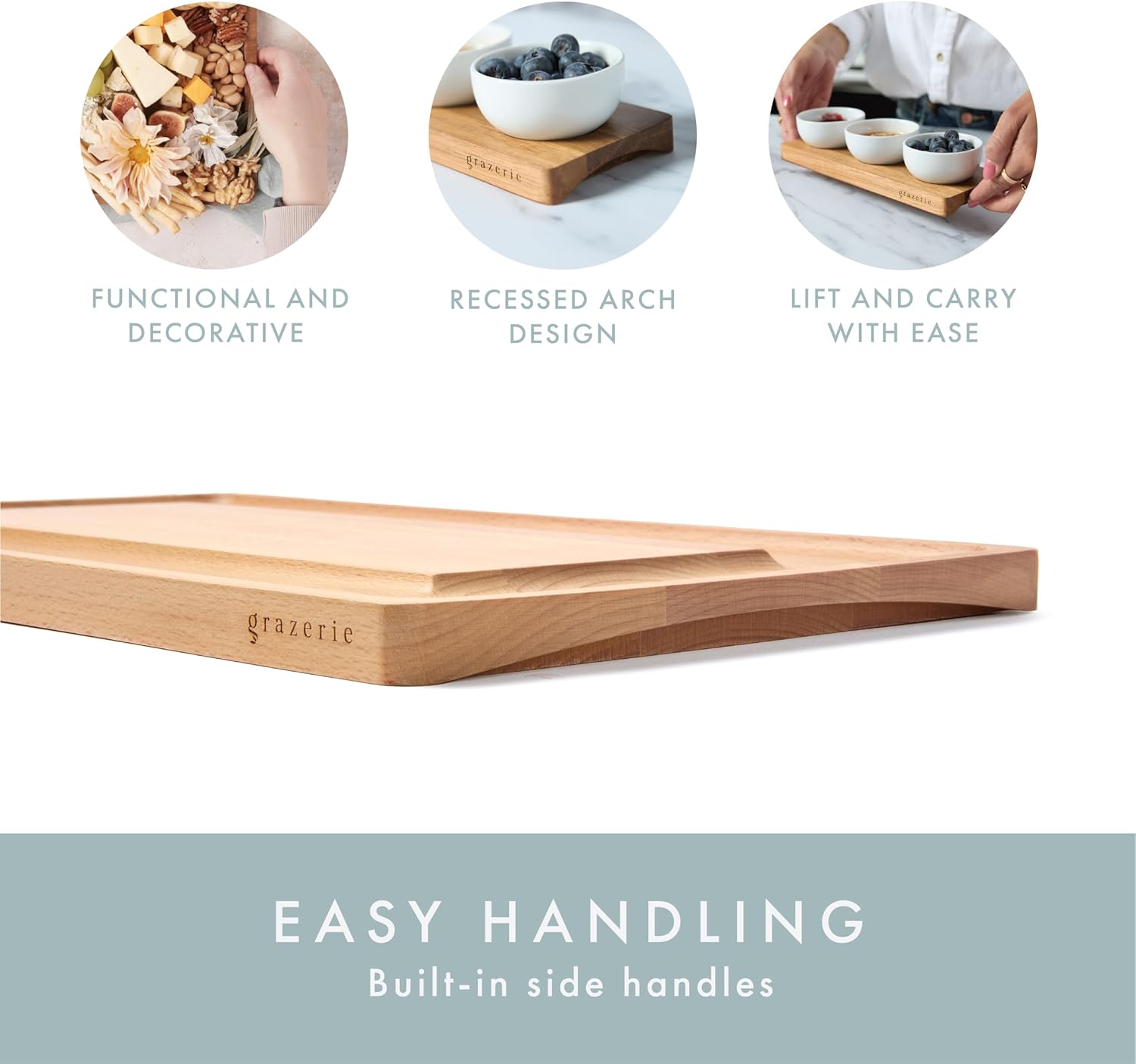 Charcuterie Board - Cheese Board with Grooves & Built-in Handles, Snack Tray for Vegetables, Fruits, Meat, Nuts - Decorative Wooden Serving Tray for Kitchen House Warming Gift - Image 4