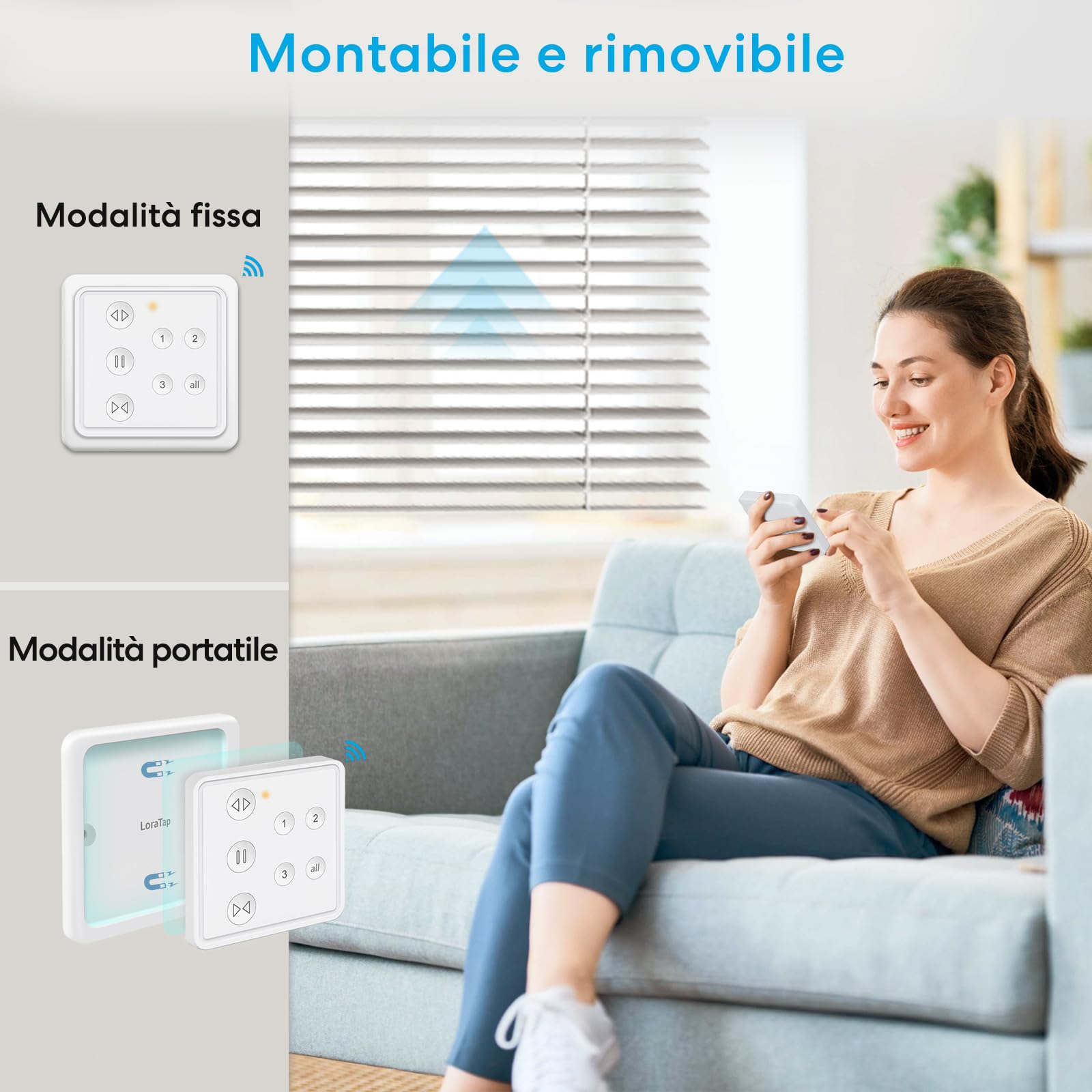 LoraTap Comando 3 Tapparelle: 1 Telecomando 3 Motori Senza Ricablaggio 230V | Singolo o tutti – Niente Wi-Fi o app – Interruttori mantenuti – Veneziana/Tenda da sole/Aprifinestra