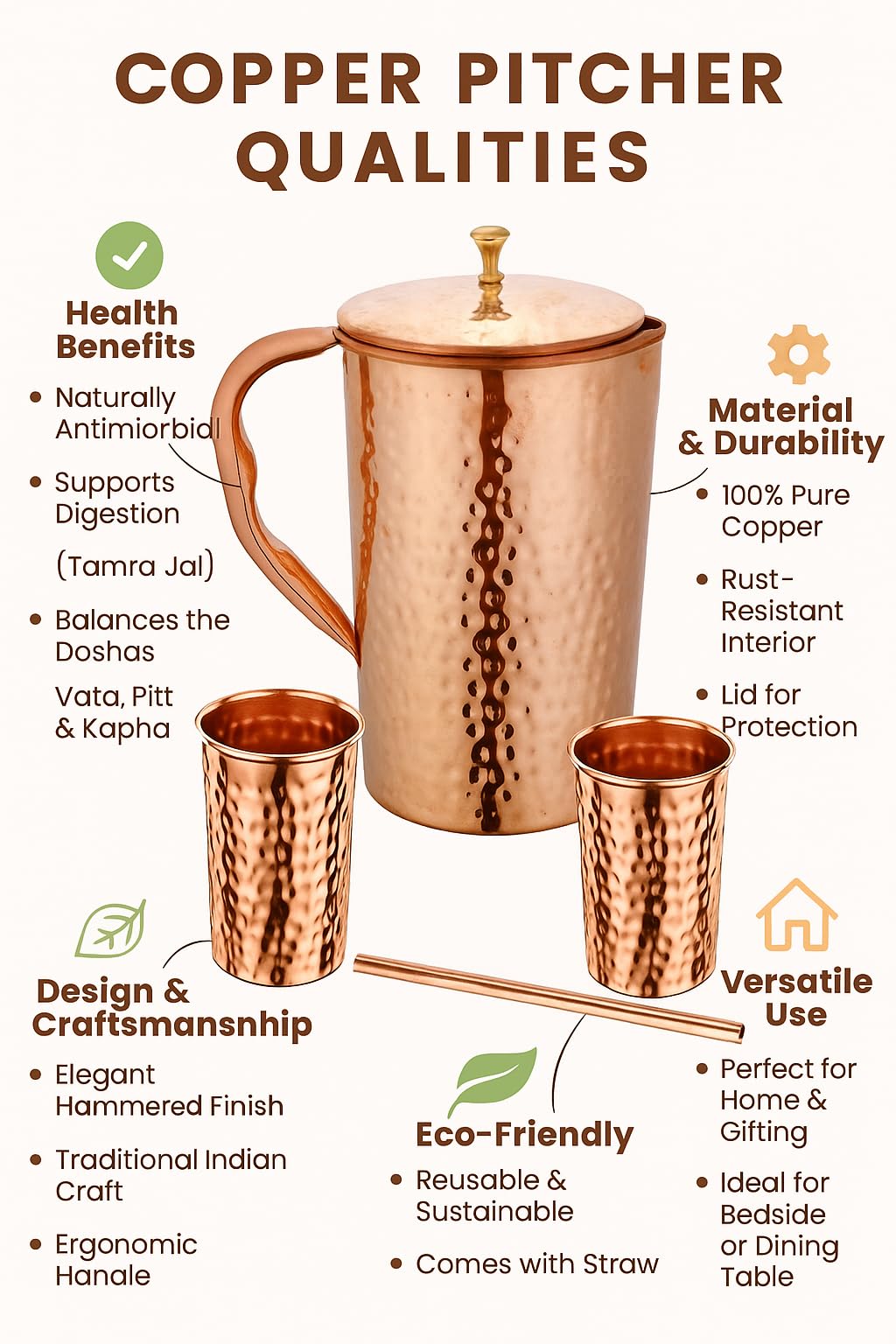 Taluka - Jarra de agua martillada de cobre puro con 2 vasos de vidrio martillado y 1 pajita de 70 onzas / 2000 ml/2 L para el hogar, restaurante, hoteles, regalos Ayurveda beneficios para la salud