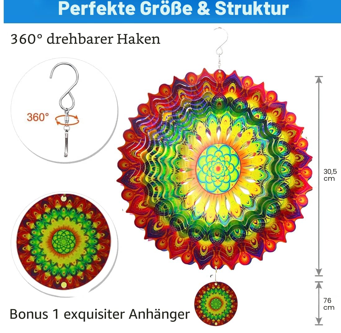 3D Mandala Windspiel 30cm Edelstahl Hängender Windspinner Metallkunst kinetische Dekor Garten Draußen Dekorationen
