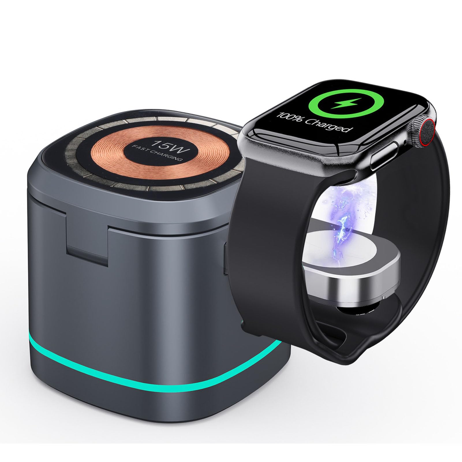 Station de Charge sans Fil 3 en 1, Station de Chargeur sans Fil Magnétique 15W Stand Fast Stand avec Chargement des écouteurs Dissimulés, pour Le Téléphone D'écouteur de Montre