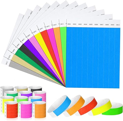 Harloon 1200 pulseras de 34 pulgadas, 1 a 1200 números consecutivos, 12 pulseras de colores, pulseras de papel impermeables para eventos,