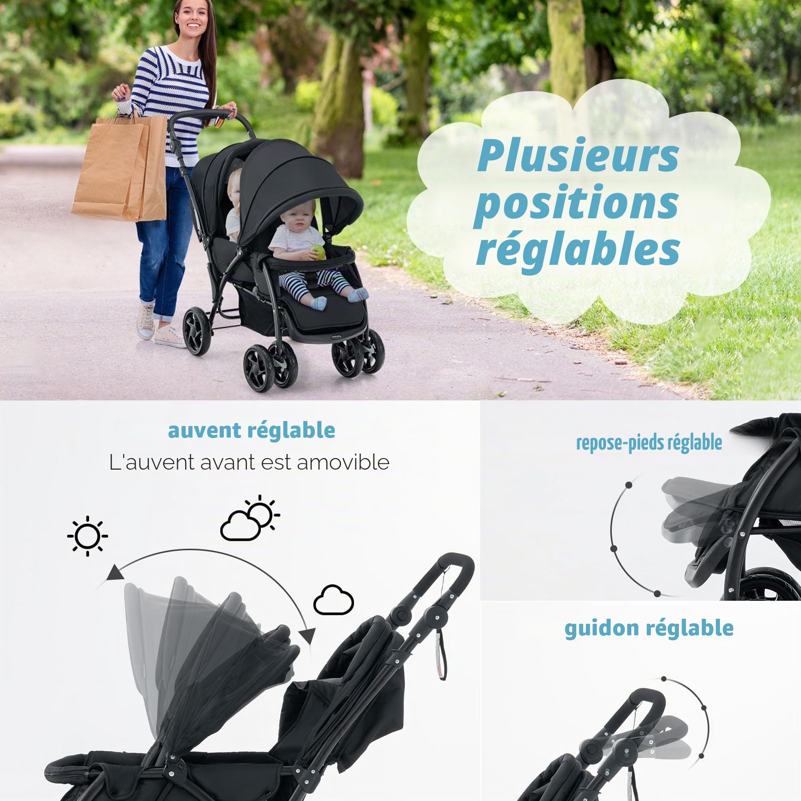 FANTASK Poussette double pliable avec dossier réglable et capote - Pour bébé à partir de 6 mois - Charge maximale : 30 kg - Noir