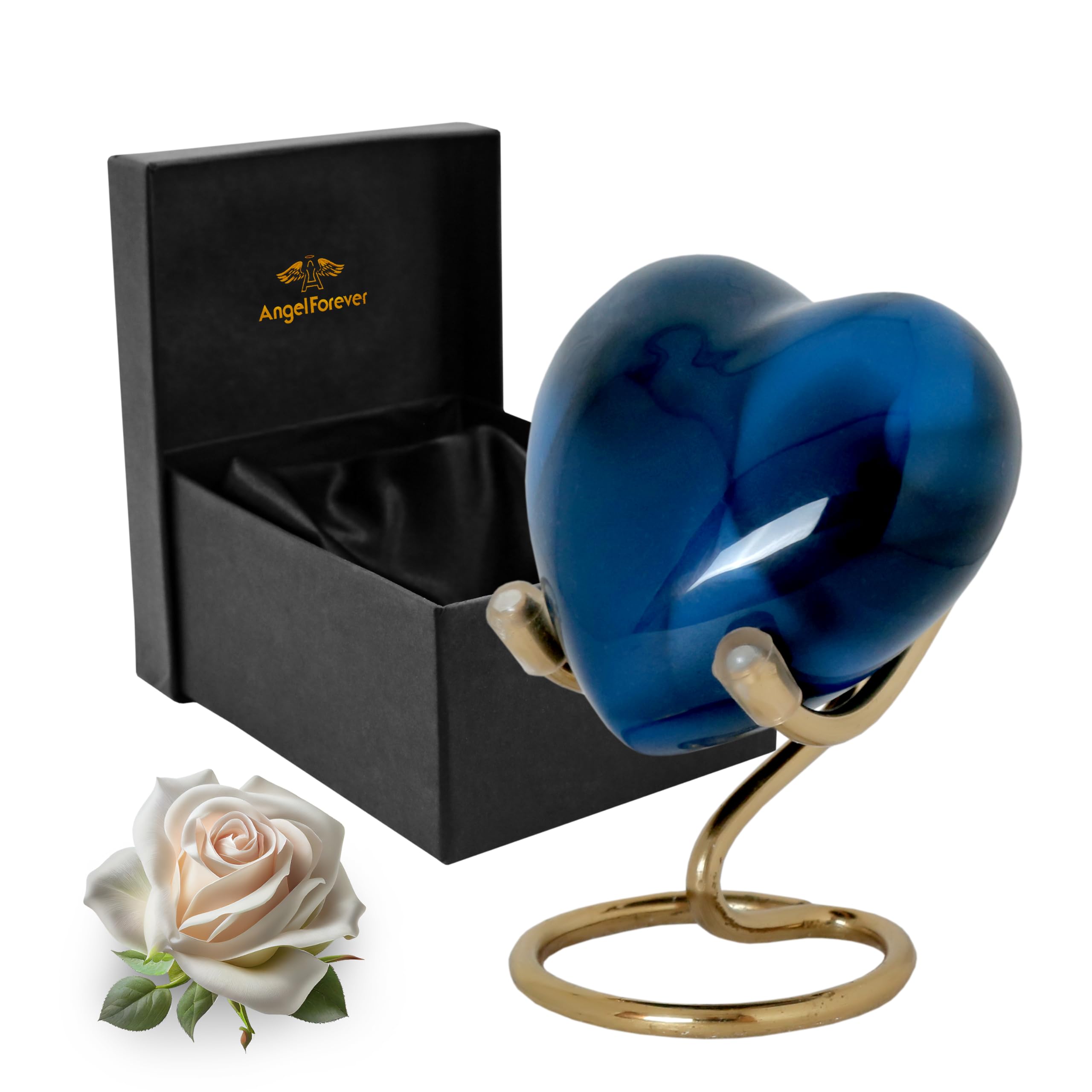 ANGELFOREVER Heart Urn with Stand & Box Keepsake Urn for Human Ashes Mini Cremation Urn for Men & Women (Blue)