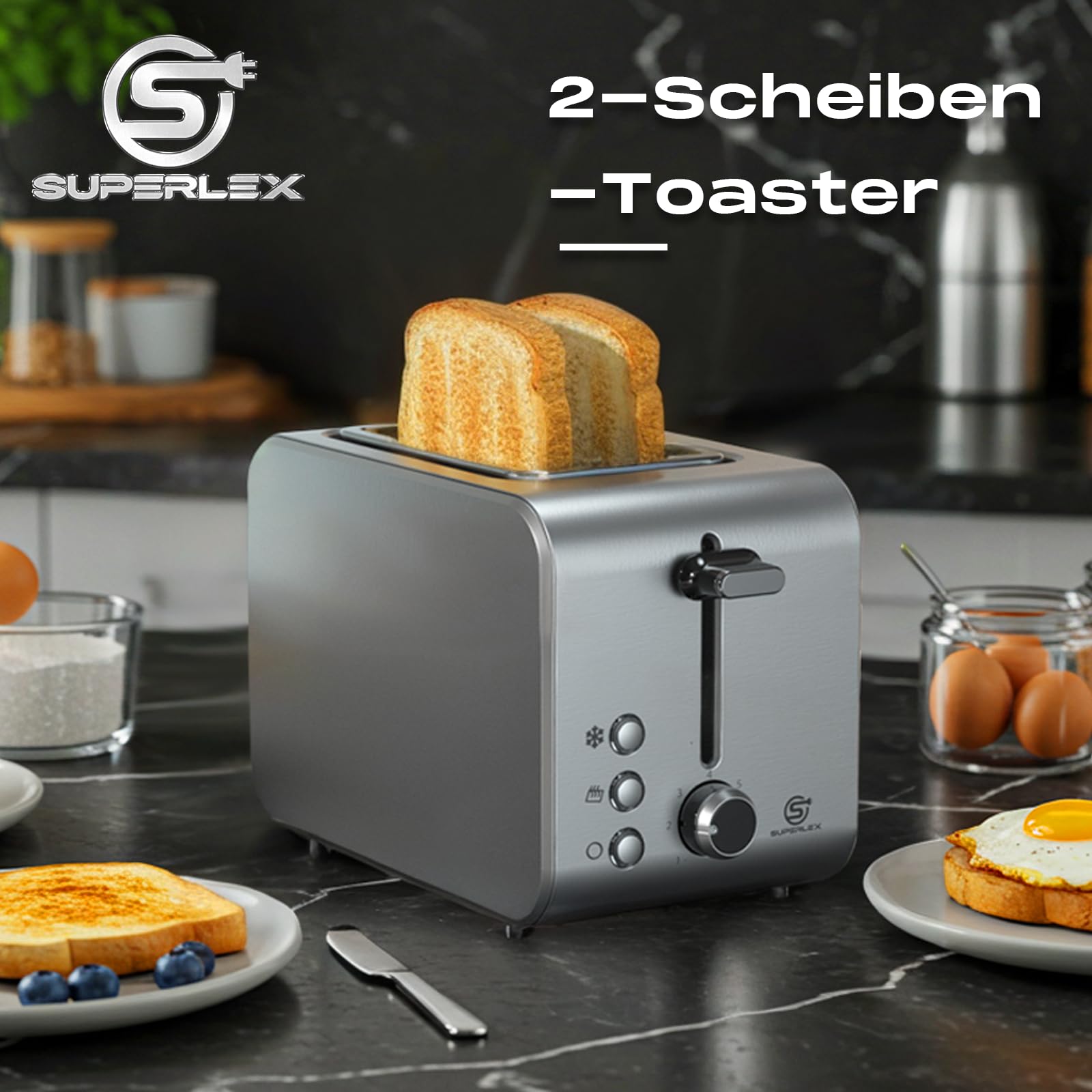 Tostapane a 2 fette da 850 W, in acciaio inox, doppia fessura, con 7 livelli di tostatura, scongelamento, riscaldamento e stop, espulsione automatica per panini e cassetto briciole, compatto