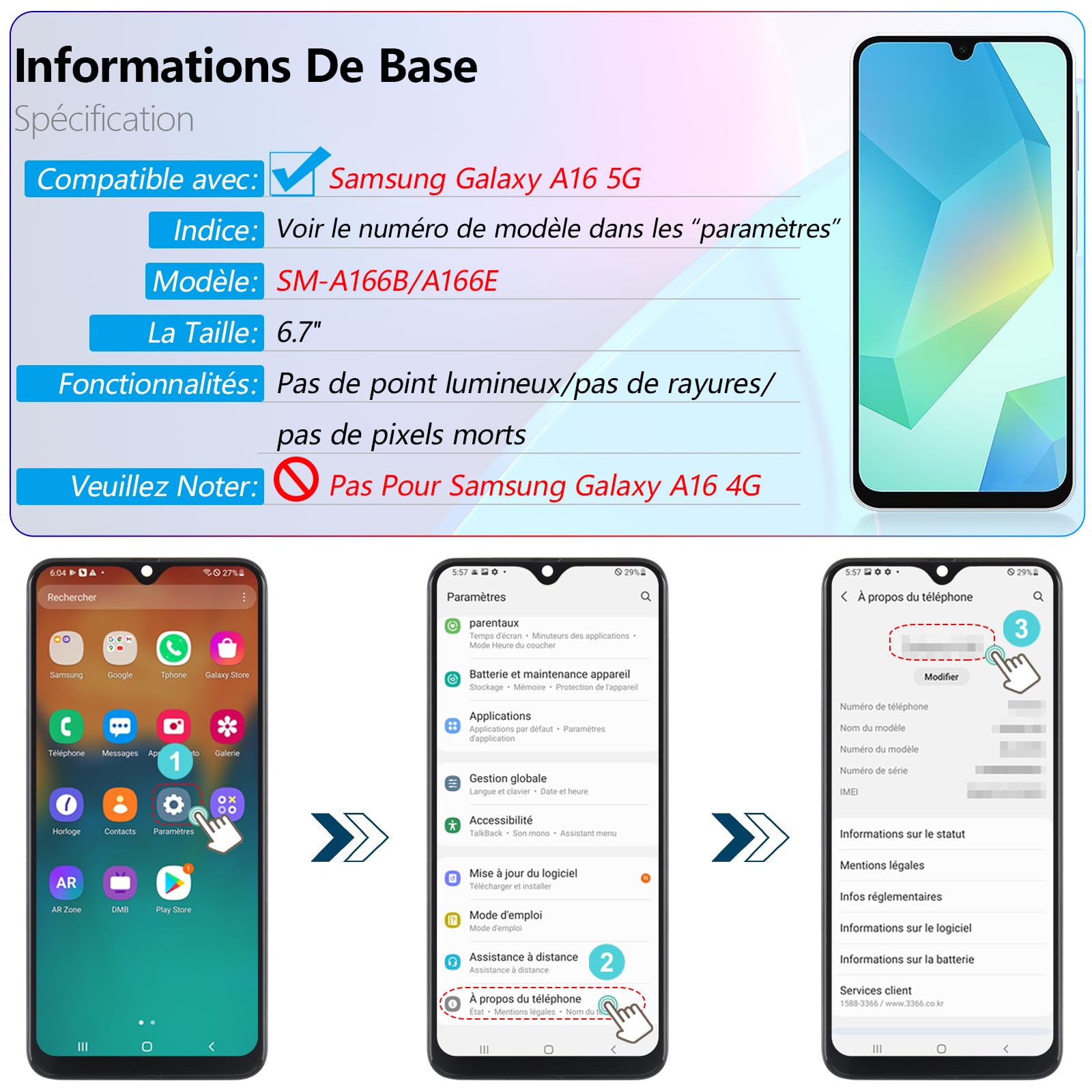 RongZy Écran LCD pour 6.7" Samsung Galaxy A16 5G Écran De Remplacement pour Galaxy A16 5G SM-A166B/A166E Écran LCD Numériseur Tactile Panneau Assemblé De Réparation avec Outils(Noir avec Cadre)