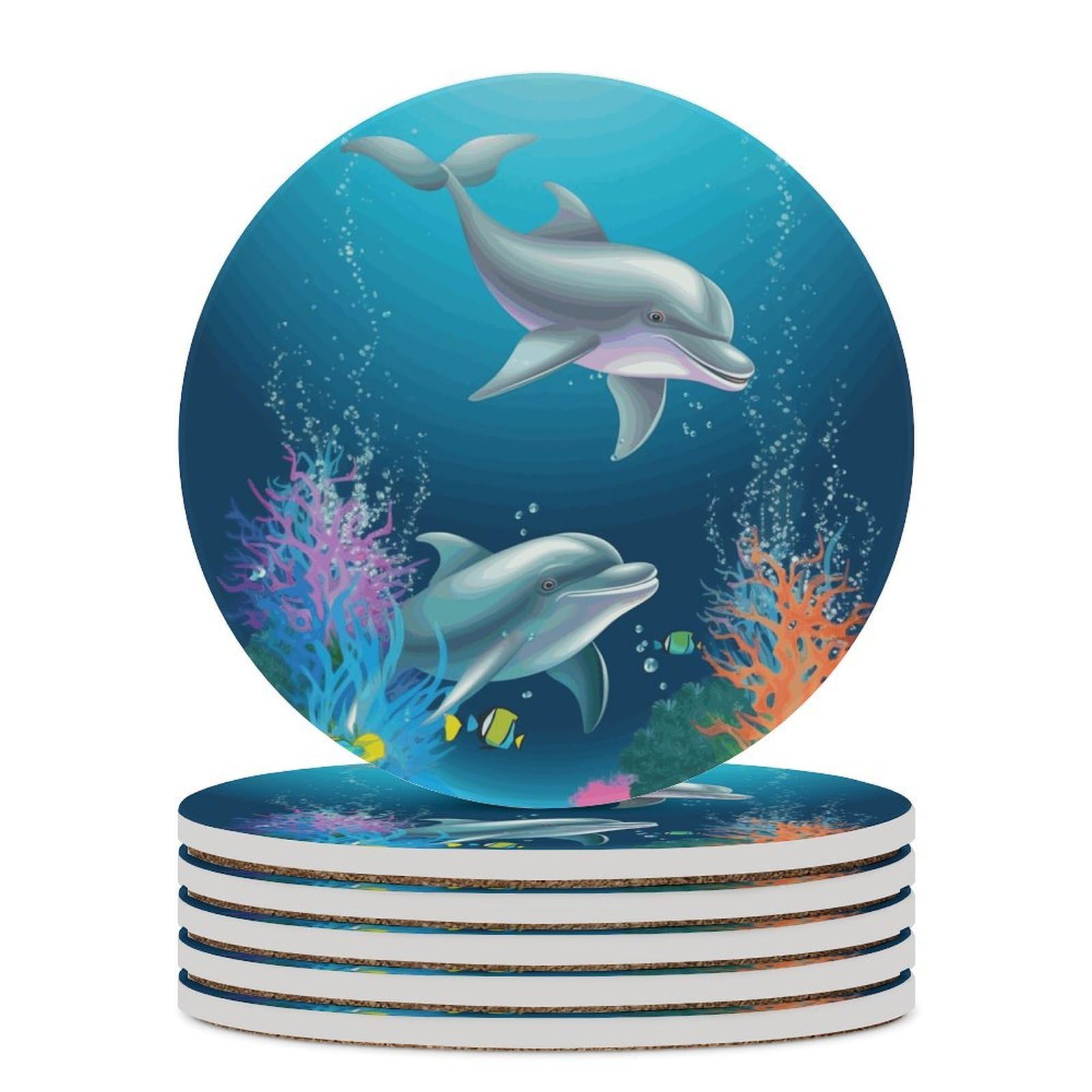 Dolphin and Fish Coaster with Cork Base Drink Coasters for Coffee Table Decor Modern Cup Coasters with Non-Slip & Heat-Resistant Cute Ceramic Table Coaster for Home Dining