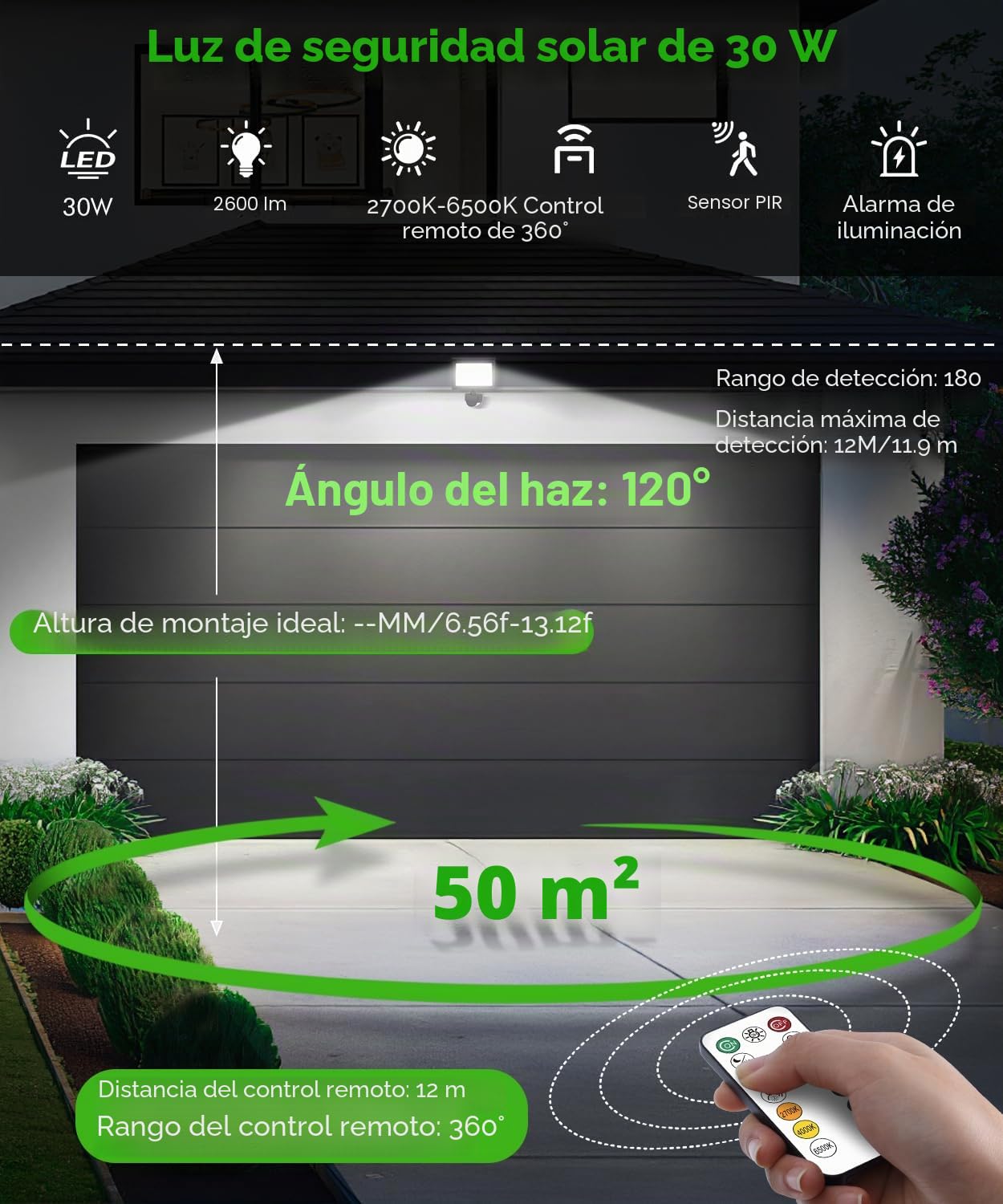 CLY Focos Led Exterior Solares 30W 2600LM Luz Solar Exterior 2500K-6500K | Con Sensor De Movimiento 5000mAh 6 Modos Luces Solares Led Exterior Jardin IP66 Impermeable Lampara Solar Exterior Cable 5M