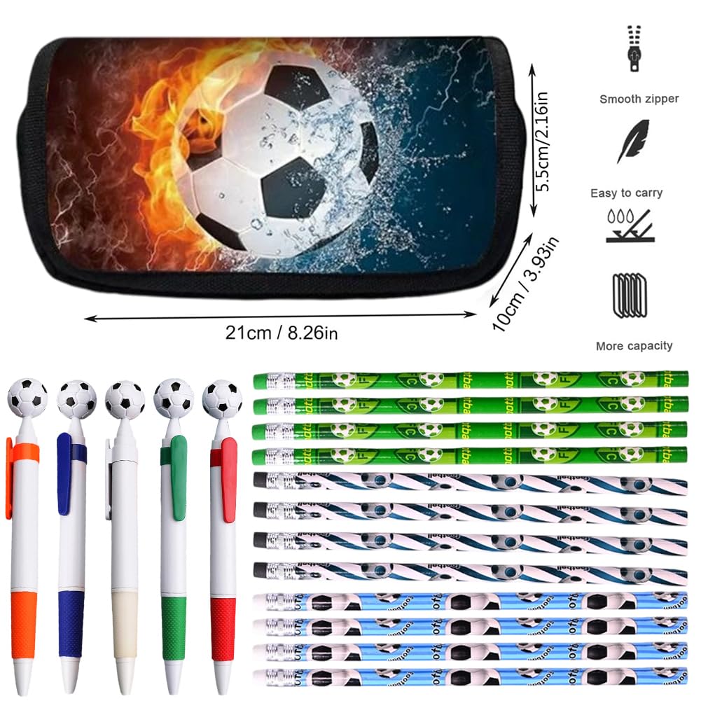 Pencil Cases Water and Fire Football, Soccer Pens, Football Pencils for School Office Supplies, Large Pencil Bag with Double Zipper, Pencils for Kids, Ballpoint Pen, Football Stationery Set For Soccer - Image 2