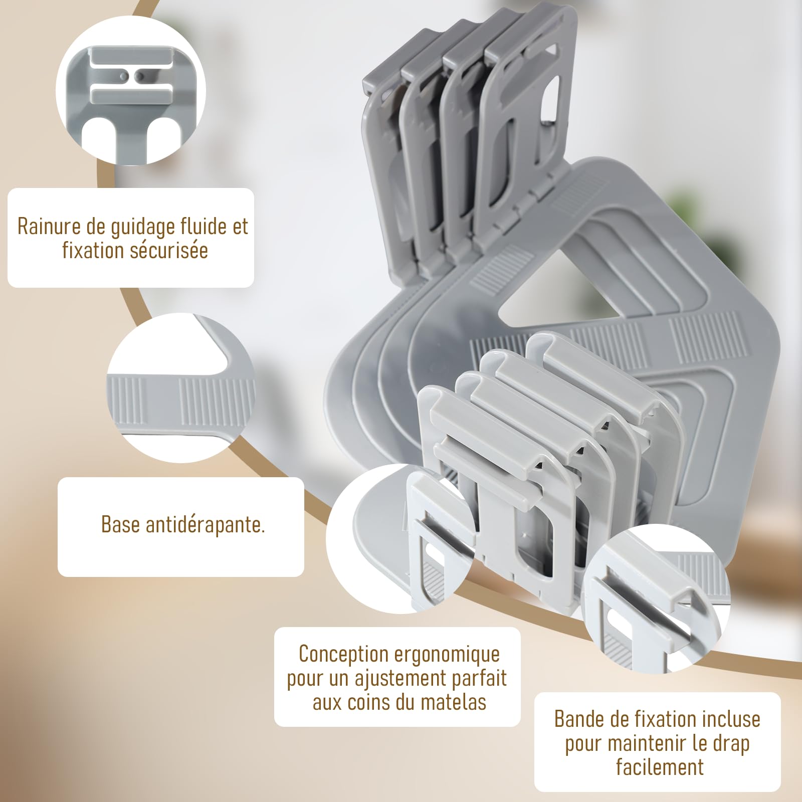 4 Pièces Bloque Drap Housse - Maintien Drap Housse Coin avec Bandes de Fixation Adaptés à Tous Types de Matelas