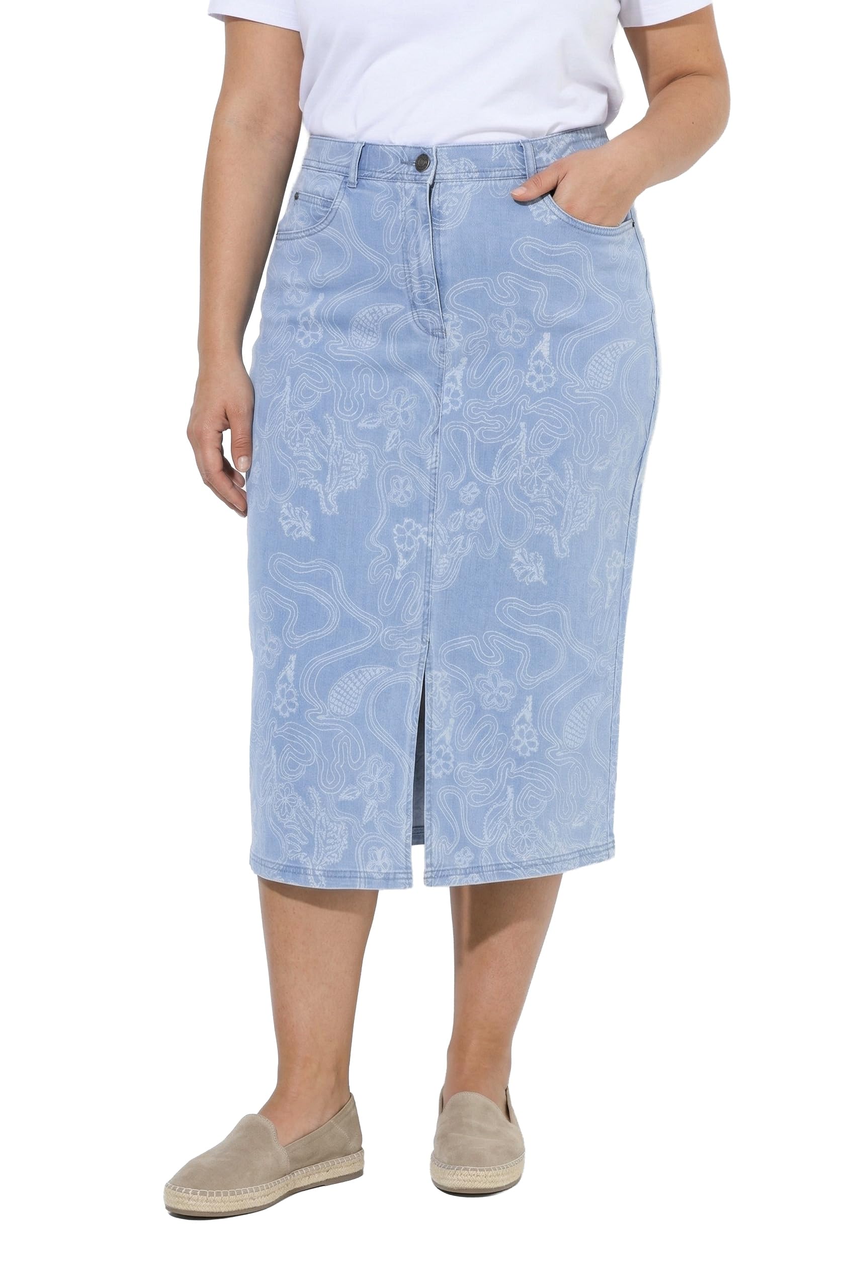 Ulla Popken Damen große Größen Übergrößen Plus Size Jeansrock, Saumschlitz, Paisleyprint 854311
