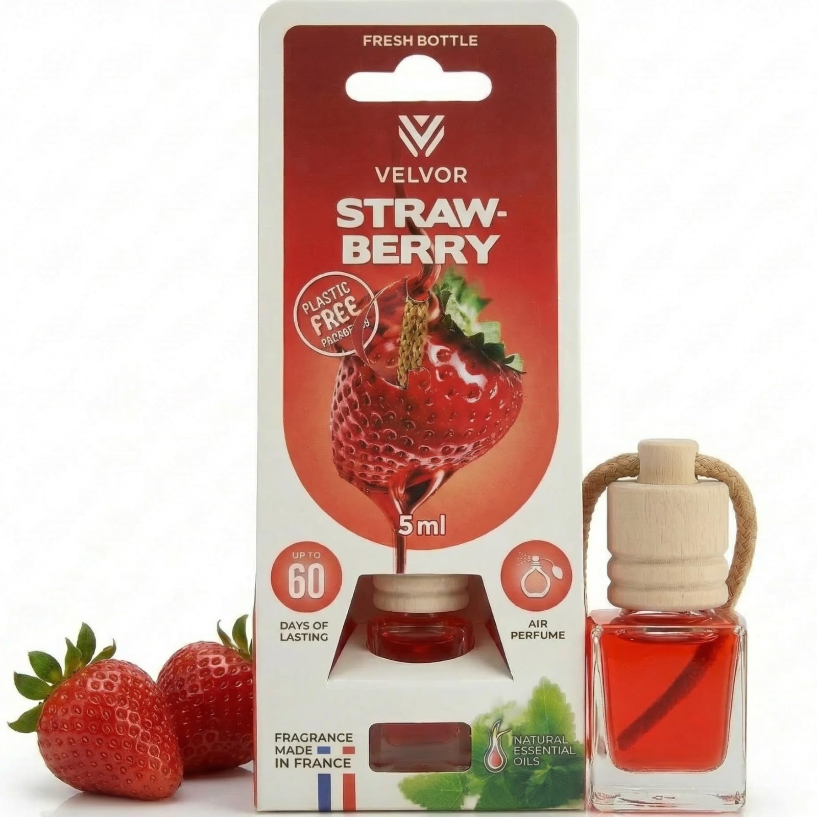 Velvor Car Air Freshener Wooden Diffuser 5ml – Made in France Hanging Car Perfume, Sweet Fruity Aroma, Long Lasting Wooden Cap Diffuser Up to 60 Days, Plastic-Free Packaging (Cherry) — view 8