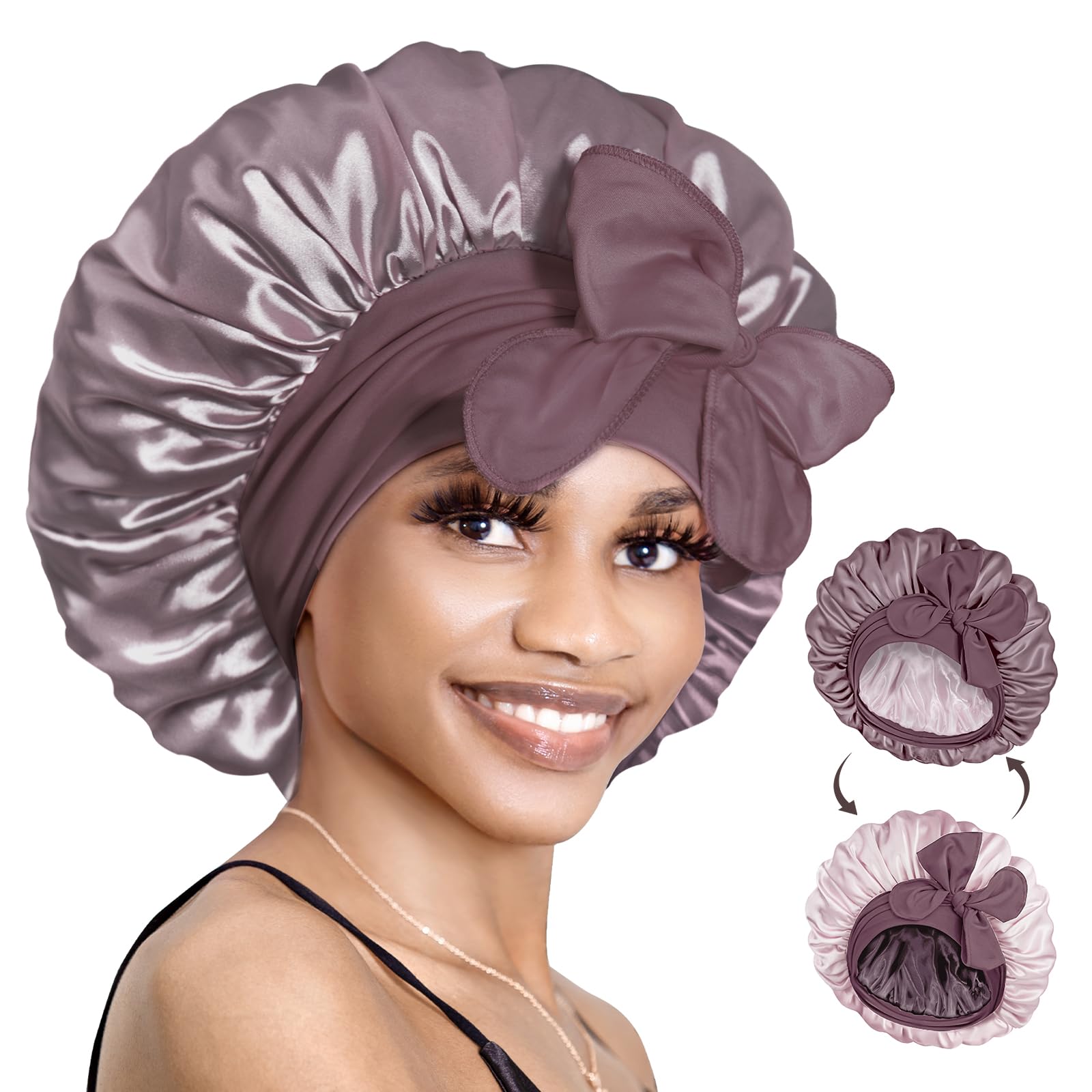 BONNET QUEEN Reversible Satin Bonnet for Sleeping Adjustable Silk Hair Cap for Women Night Head Wrap for Curly Long Braid Tresse Wigs, Light Purple and Pink