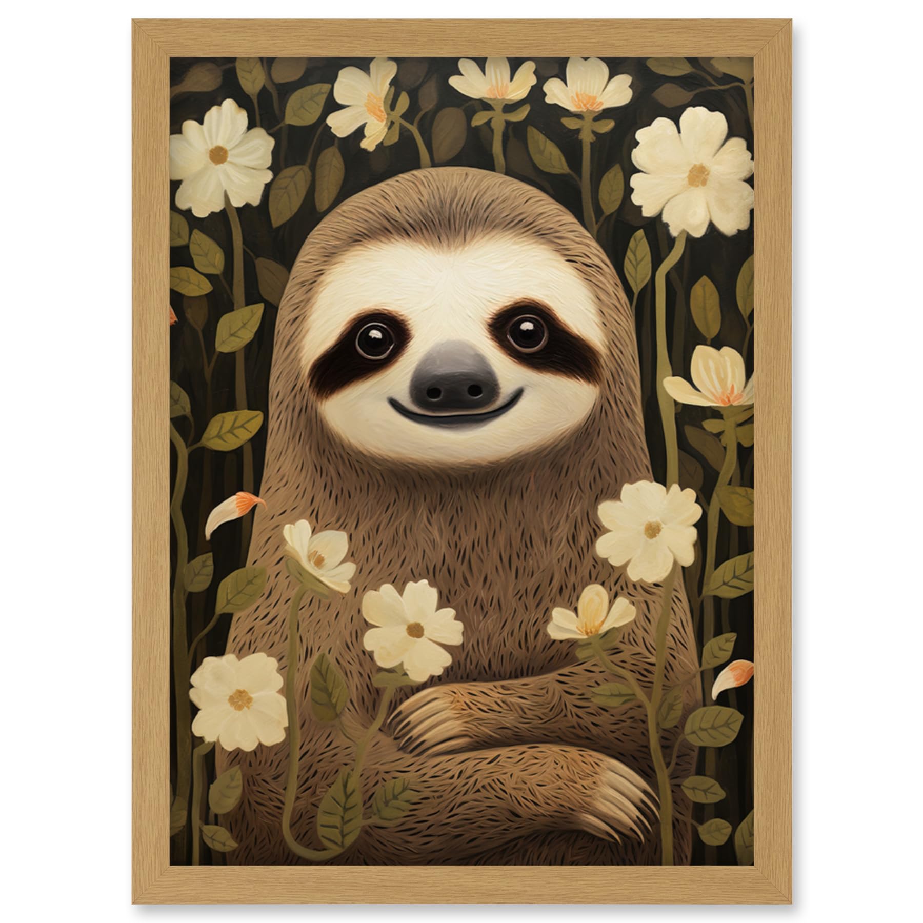Artery8 Sloth with Jasmine and Anemone Flowers Elegant Artwork Framed Wall Art Print A4