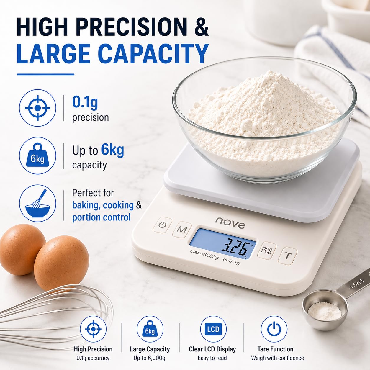Nave Báscula digital de cocina, 6 kg/0,1 g, báscula de alimentos de alta precisión con pantalla LCD, múltiples unidades (g/oz/ml/lb), funciona con pilas, ideal para hornear, cocinar y controlar el
