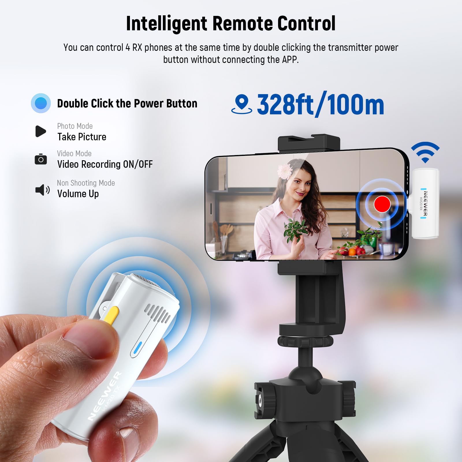 NEEWER KM20 Bezprzewodowy system mikrofonu krawatowego do iPhone'a, USB C, mini klips na klapie, mikrofon z 2 x nadajnikiem, 4 x odbiornikiem, adapterem OTG, 200 m, dalekiego zasięgu, kompatybilny z