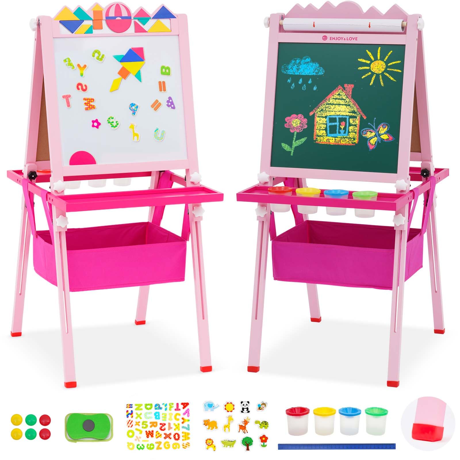 Lavagna Multiattivita,Lavagna per Bambini a Doppia Faccia con Cavalletto Regolabili in Altezza,Rullo di Carta,Gioco Tangram Puzzle, Lavagna Bianca, Adesivi dei Cartoni Animati e Accessori per Pittura